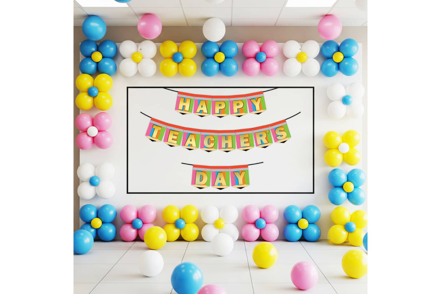     			1iAM Happy Teachers Day Decoration Items - Pack of 62 | 1pc Multicolor "HAPPY TEACHERS DAY" Paper Banner, 60pcs Balloons & 1pc Glue Dots Roll For School, College, Tution, Coatching Room Decoration