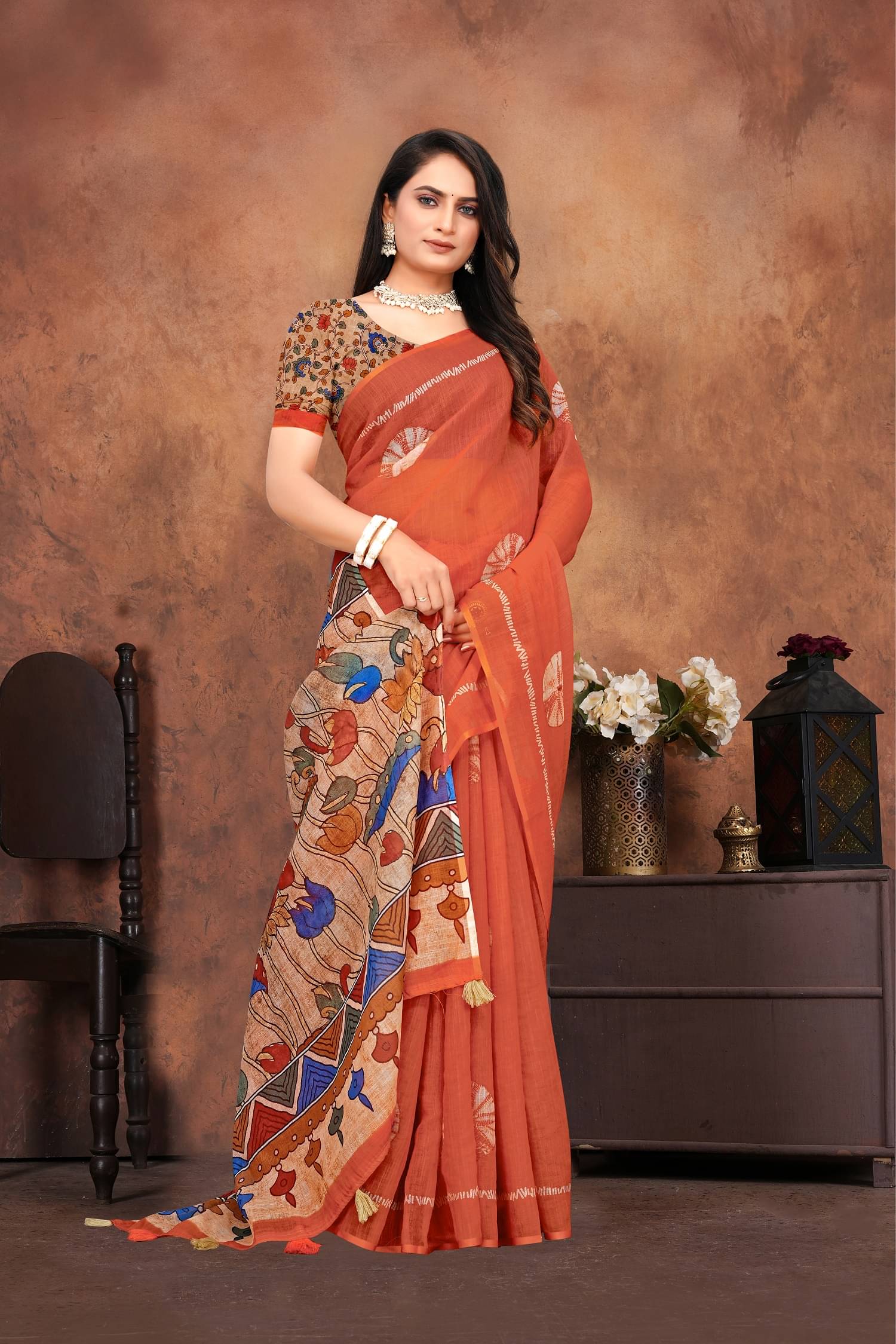     			A TO Z CART Linen Printed Saree With Unstitched Blouse Piece ( Orange )