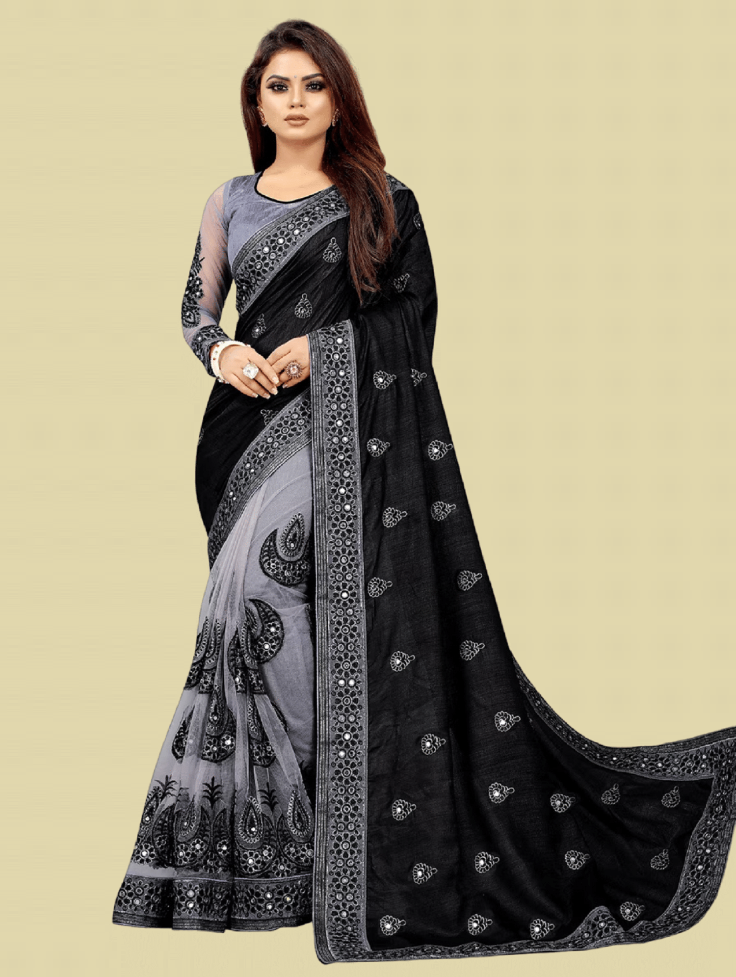     			A TO Z CART Silk Embroidered Saree With Unstitched Blouse Piece ( Black )
