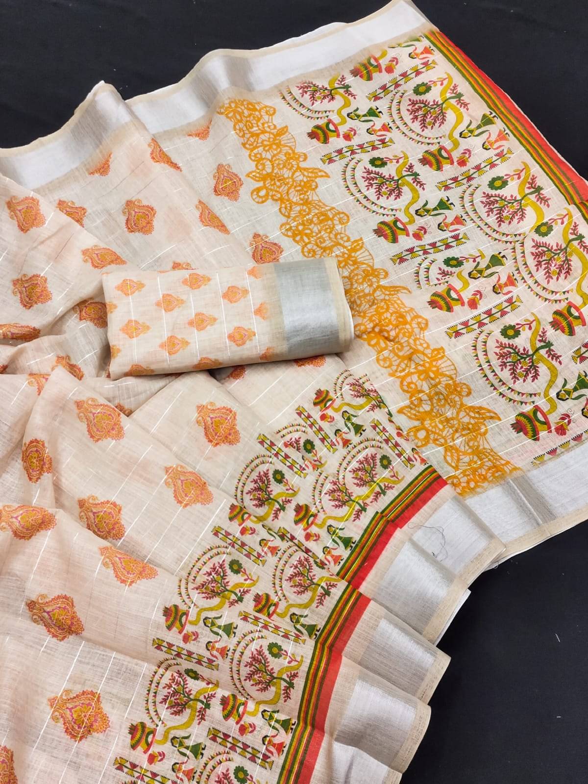 BYUPRI Chanderi Printed Leheriya Saree With Unstitched Blouse Piece ( Cream ) BYUPRI Chanderi Printed Leheriya Saree With Unstitched Blouse Piece ( Cream )