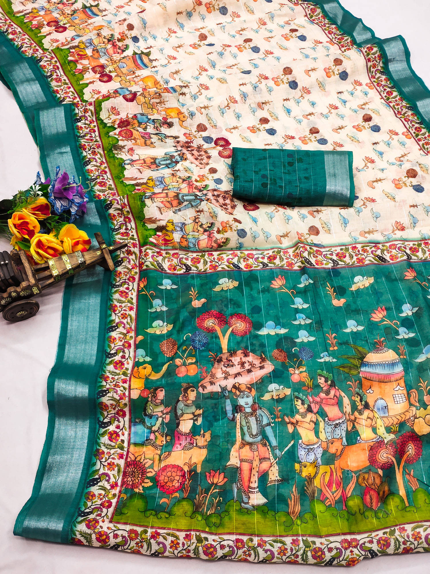 BYUPRI Chanderi Printed Leheriya Saree With Unstitched Blouse Piece ( Rama ) BYUPRI Chanderi Printed Leheriya Saree With Unstitched Blouse Piece ( Rama )