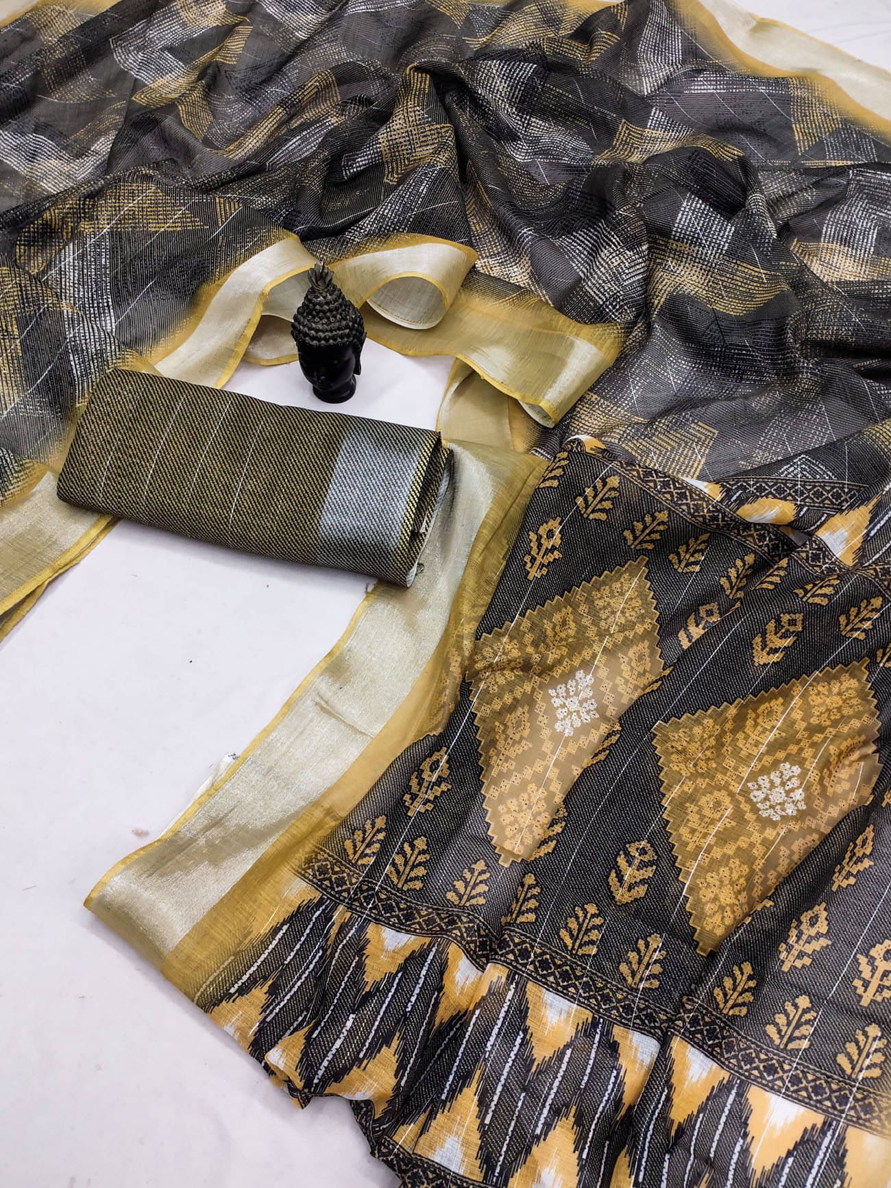     			BYUPRI Chanderi Printed Leheriya Saree With Unstitched Blouse Piece ( Yellow )