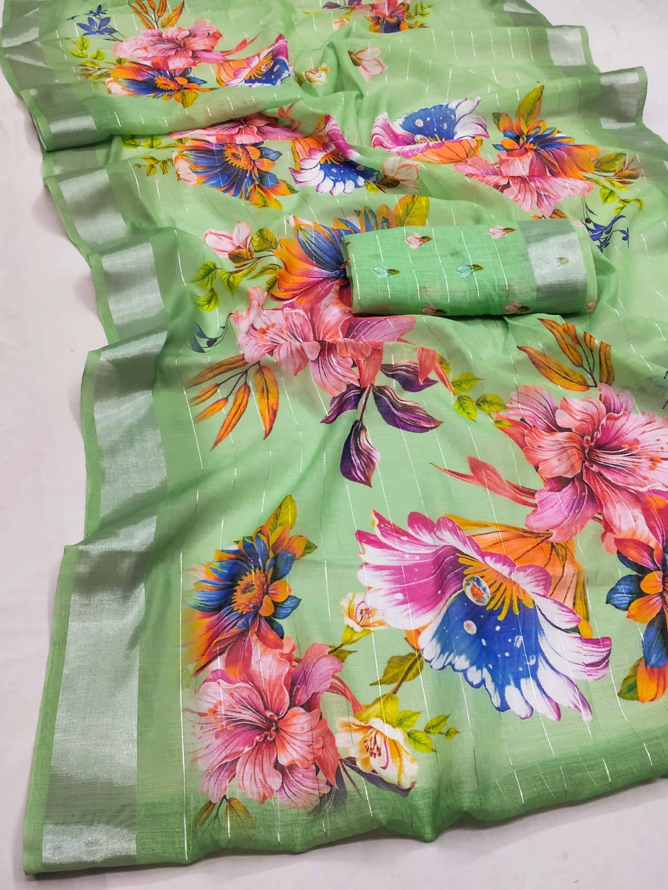 BYUPRI Chanderi Printed Leheriya Saree With Unstitched Blouse Piece ( Green ) BYUPRI Chanderi Printed Leheriya Saree With Unstitched Blouse Piece ( Green )