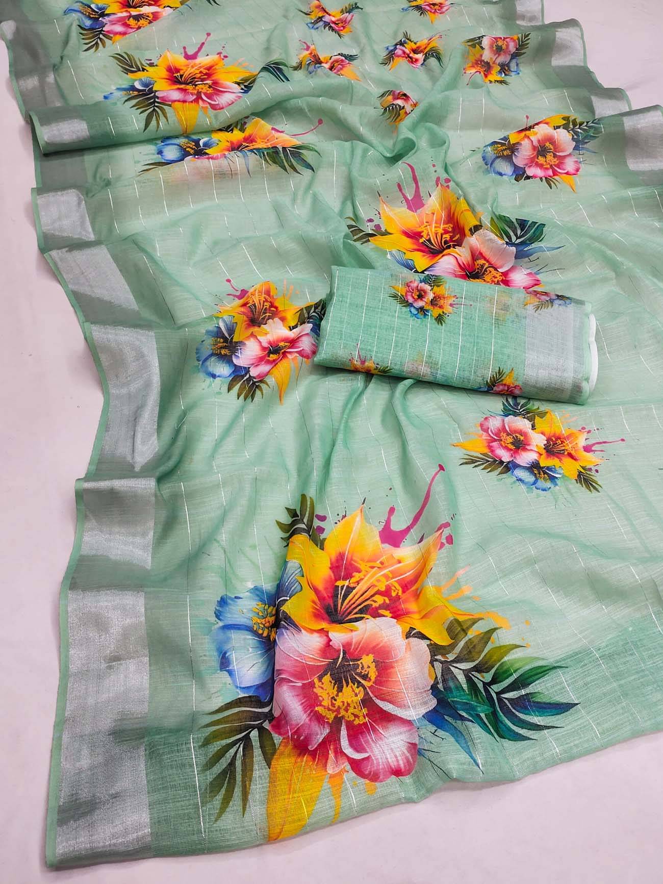     			BYUPRI Chanderi Printed Leheriya Saree With Unstitched Blouse Piece ( Rama )