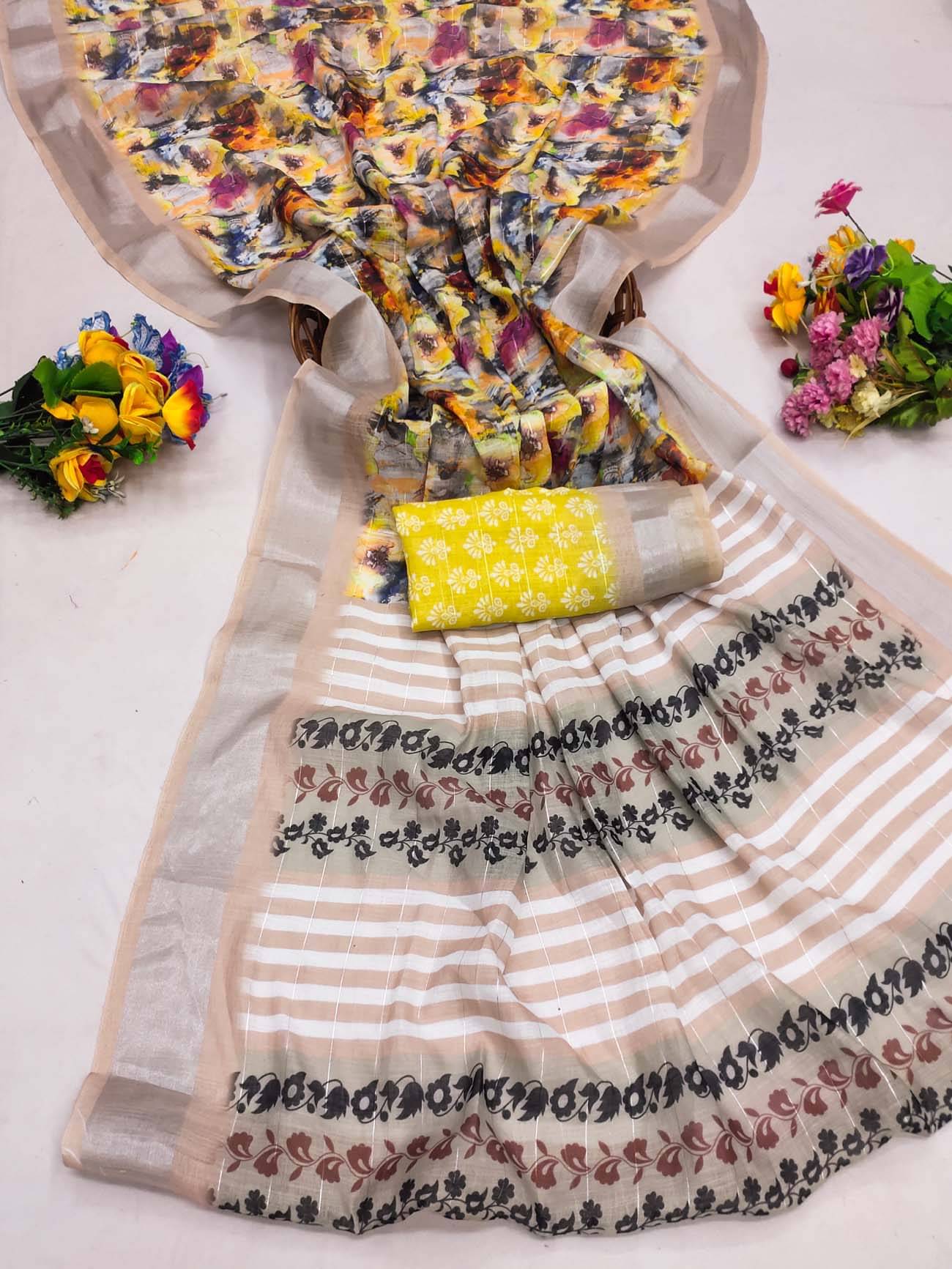 BYUPRI Chanderi Printed Leheriya Saree With Unstitched Blouse Piece ( Cream ) BYUPRI Chanderi Printed Leheriya Saree With Unstitched Blouse Piece ( Cream )