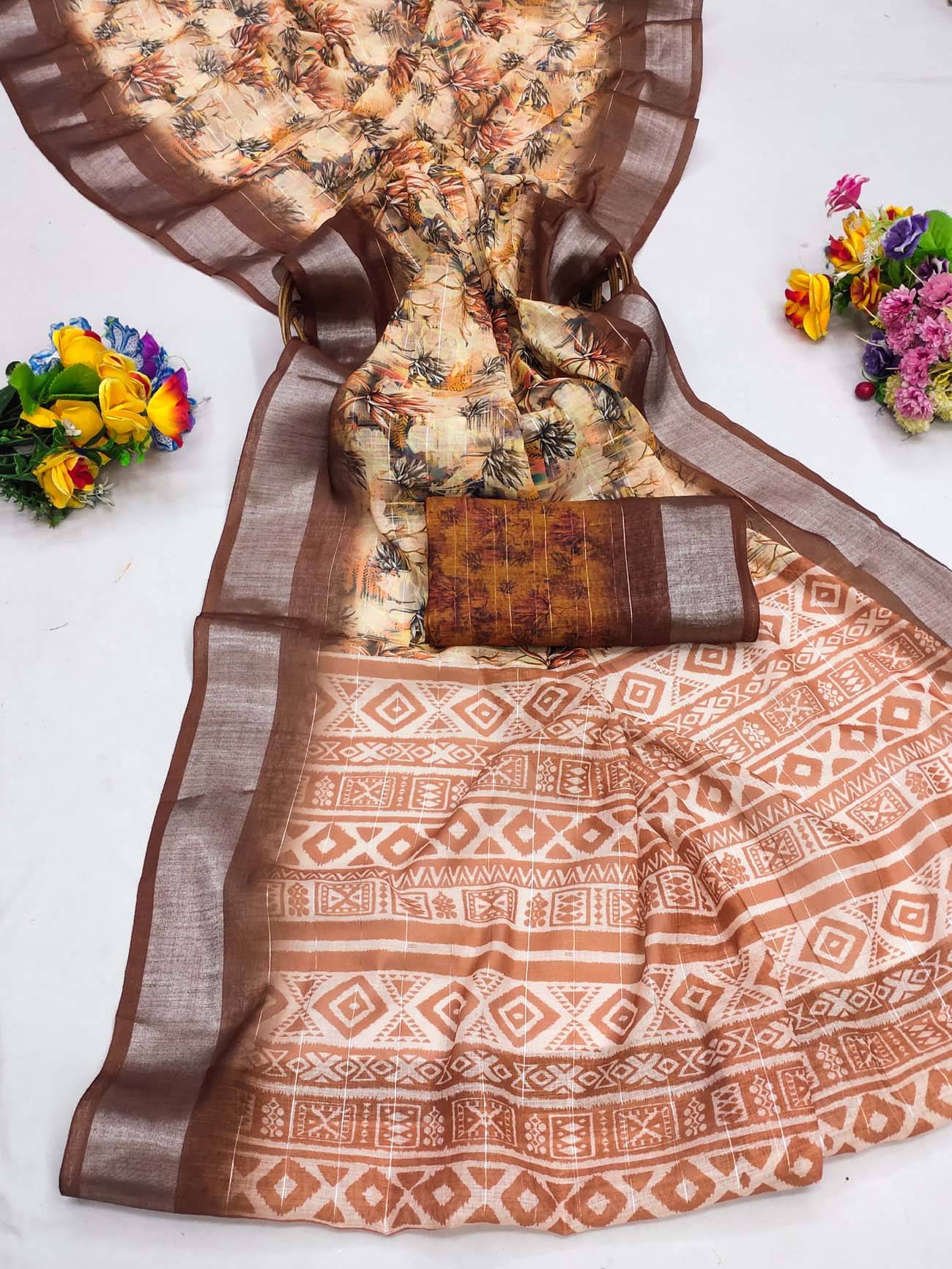 BYUPRI Chanderi Printed Leheriya Saree With Unstitched Blouse Piece ( Brown ) BYUPRI Chanderi Printed Leheriya Saree With Unstitched Blouse Piece ( Brown )