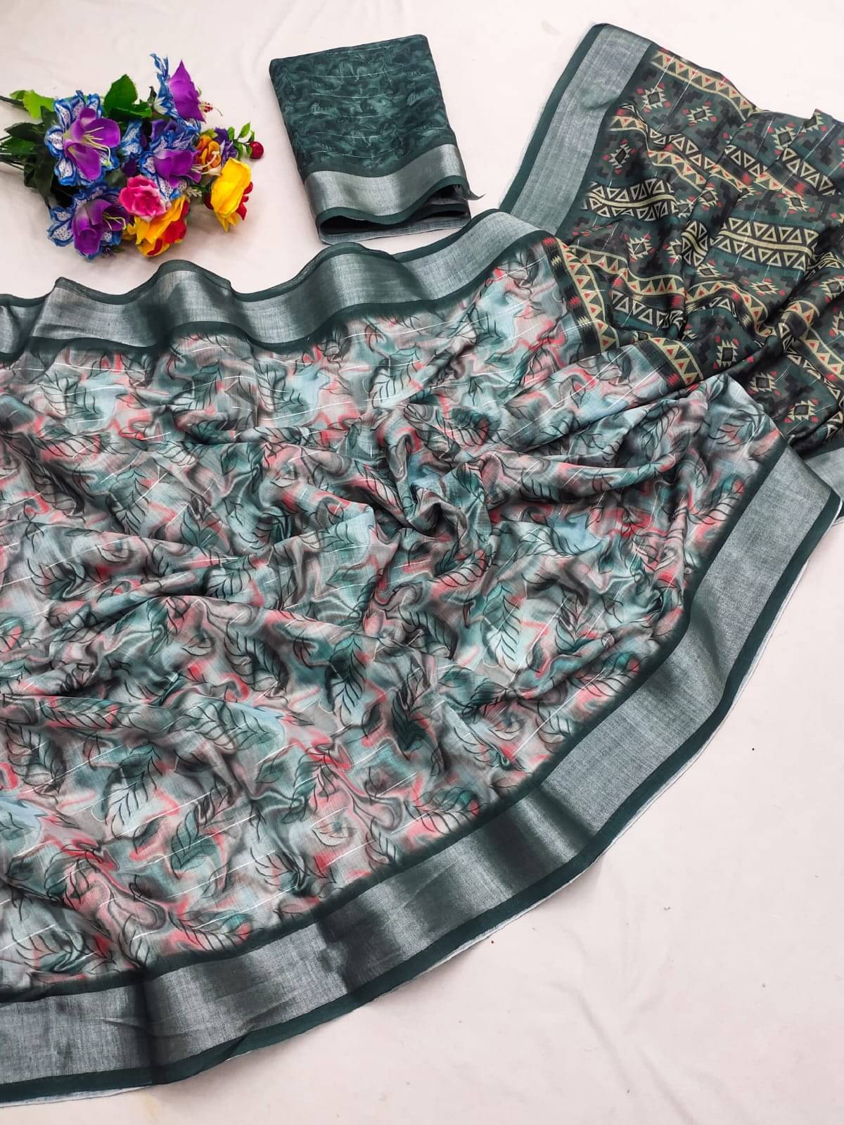 BYUPRI Chanderi Printed Leheriya Saree With Unstitched Blouse Piece ( Green ) BYUPRI Chanderi Printed Leheriya Saree With Unstitched Blouse Piece ( Green )