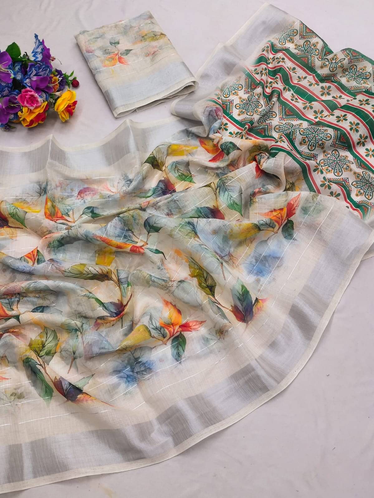 BYUPRI Chanderi Printed Leheriya Saree With Unstitched Blouse Piece ( Cream ) BYUPRI Chanderi Printed Leheriya Saree With Unstitched Blouse Piece ( Cream )