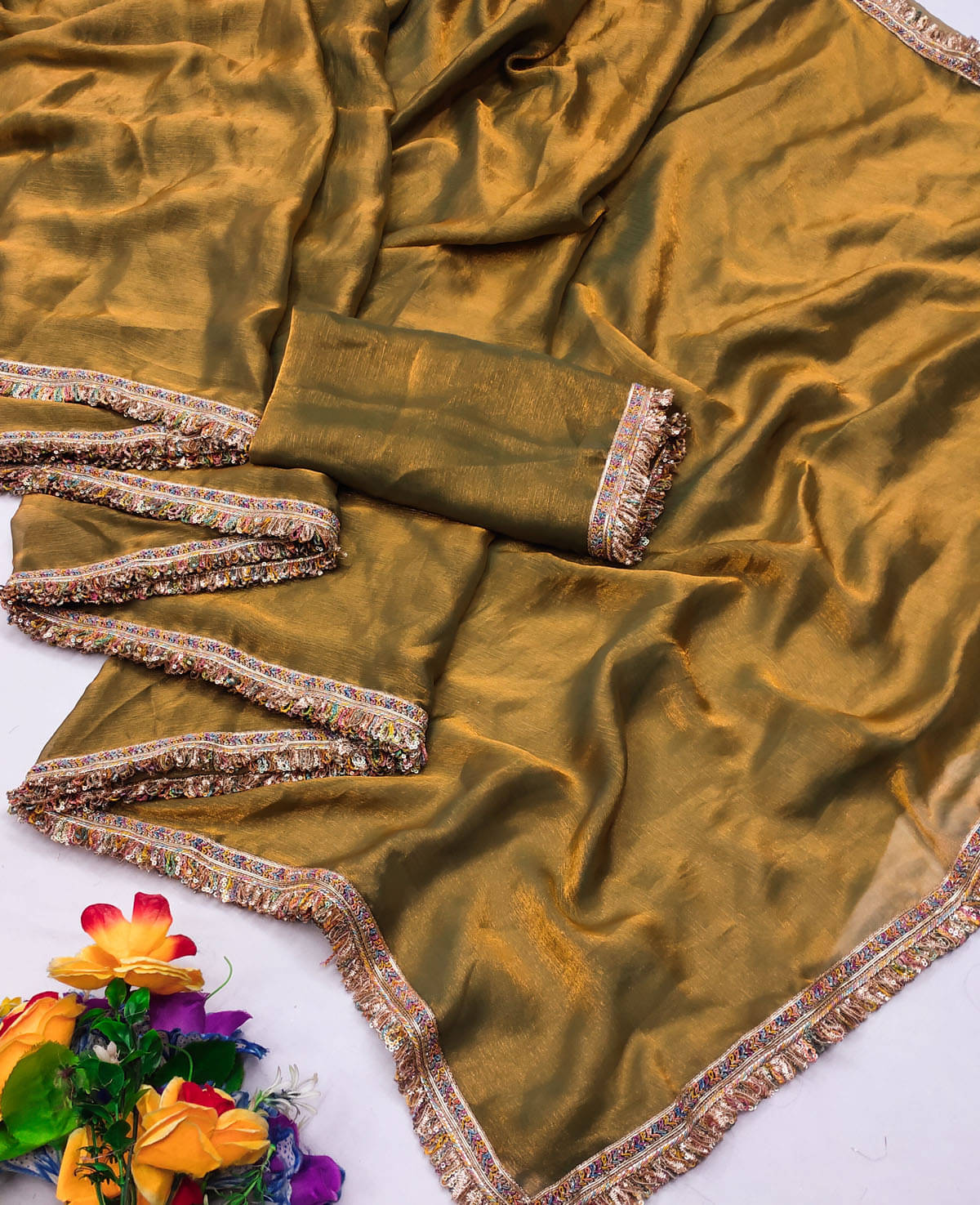     			BYUPRI Chiffon Solid Leheriya Saree With Unstitched Blouse Piece ( Gold )