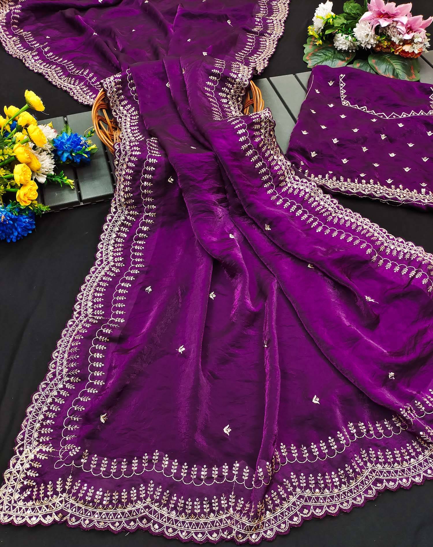     			BYUPRI Satin Embroidered Leheriya Saree With Unstitched Blouse Piece ( Purple )