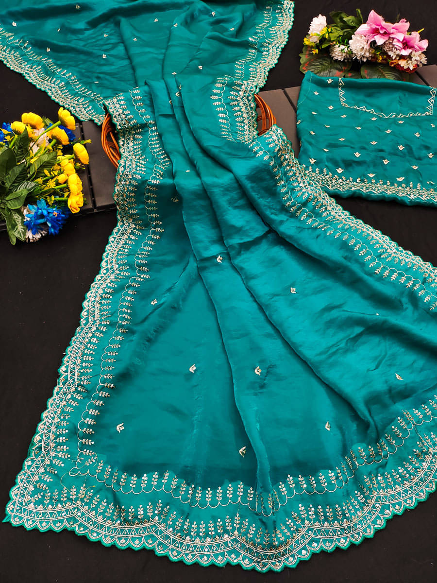 BYUPRI Satin Embroidered Leheriya Saree With Unstitched Blouse Piece ( Rama ) BYUPRI Satin Embroidered Leheriya Saree With Unstitched Blouse Piece ( Rama )