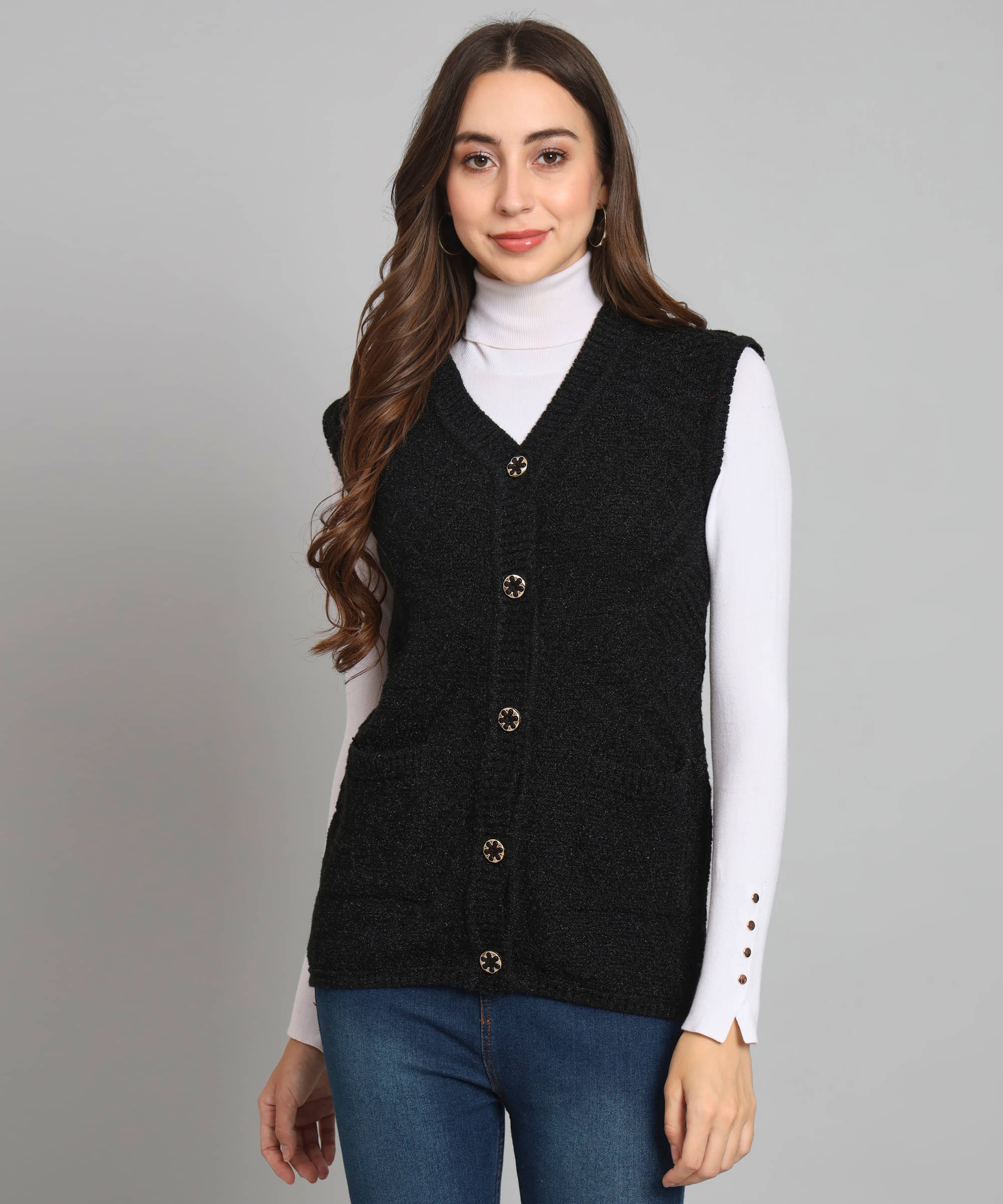 Canblar Woollen V Neck Women's Buttoned Cardigans - Black (Pack of 1) Canblar Woollen V Neck Women's Buttoned Cardigans - Black (Pack of 1)