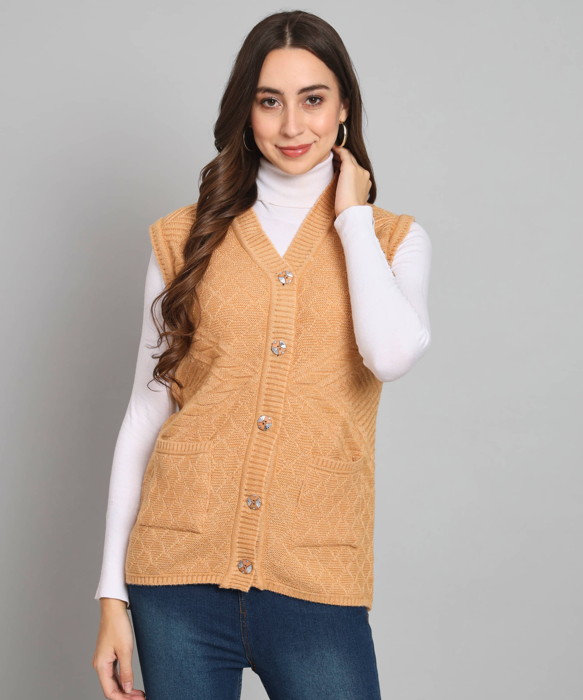Canblar Woollen V Neck Women's Buttoned Cardigans - Beige (Pack of 1) Canblar Woollen V Neck Women's Buttoned Cardigans - Beige (Pack of 1)