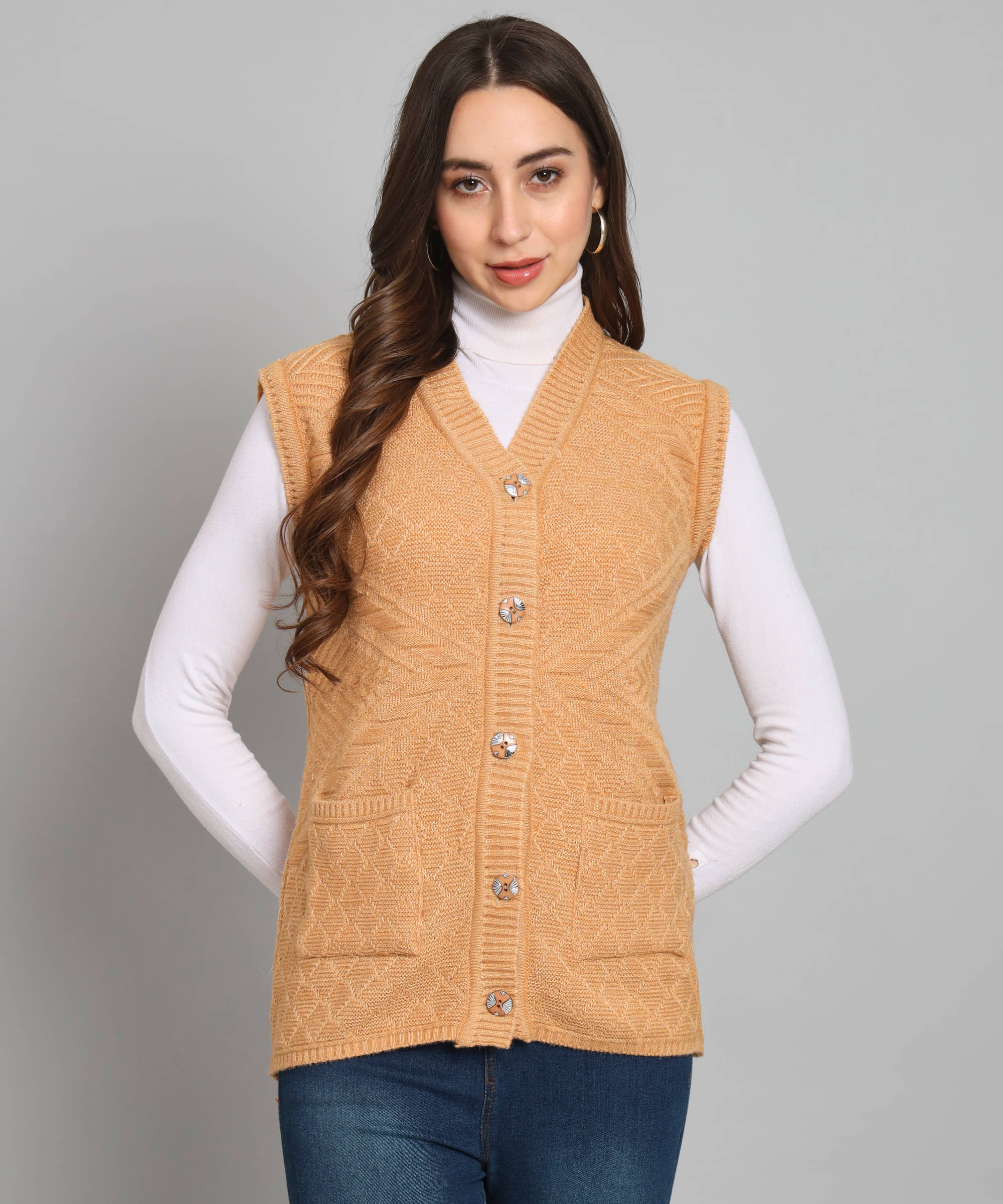     			Canblar Women Woollen V-Neck Cardigan ( Beige )