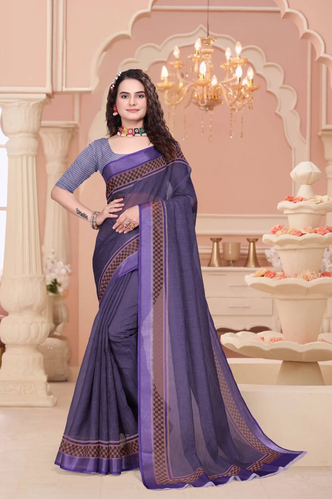 JULEE Linen Printed Saree With Unstitched Blouse Piece ( Purple ) JULEE Linen Printed Saree With Unstitched Blouse Piece ( Purple )