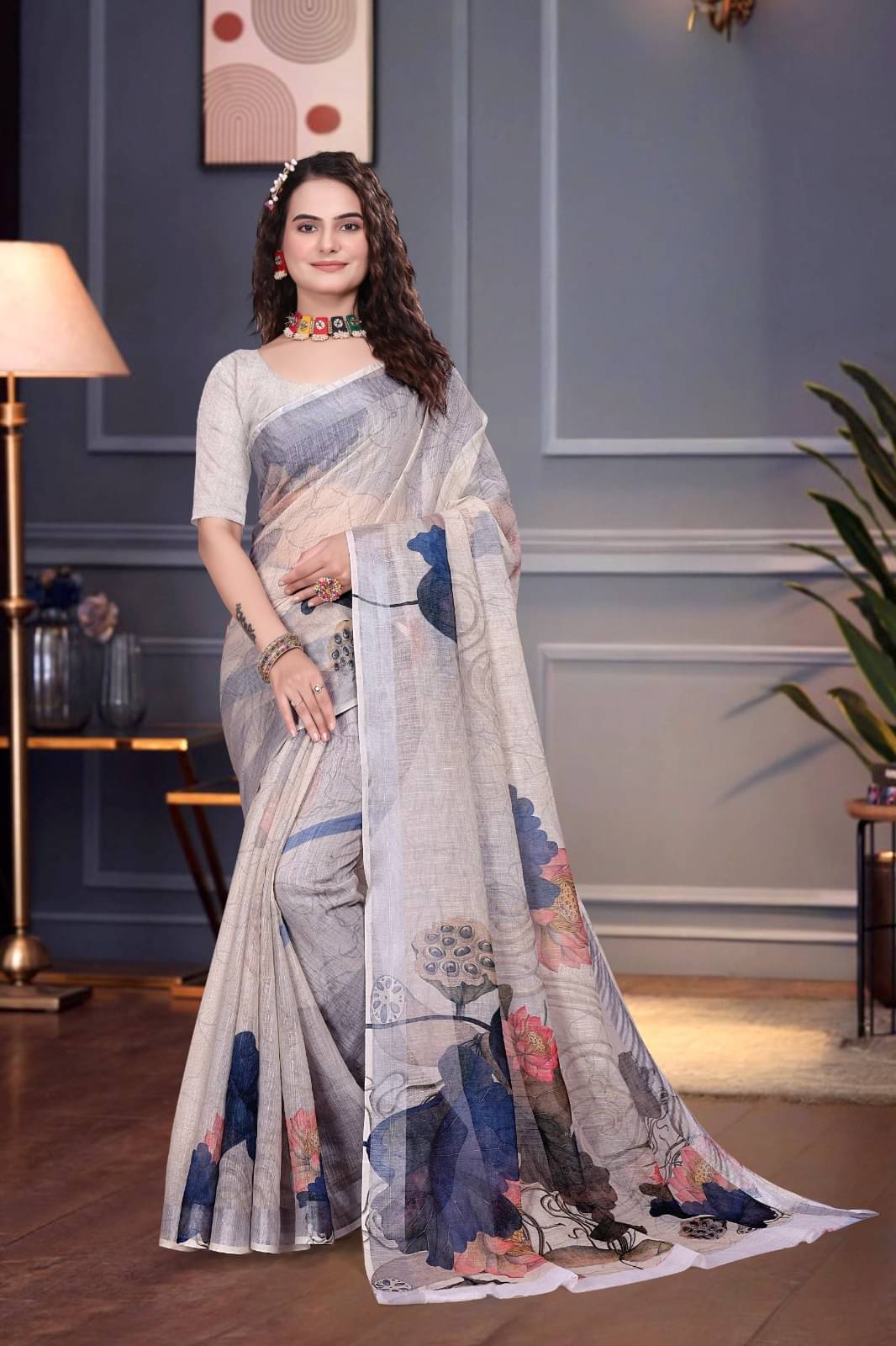     			JULEE Linen Printed Saree With Unstitched Blouse Piece ( Grey )