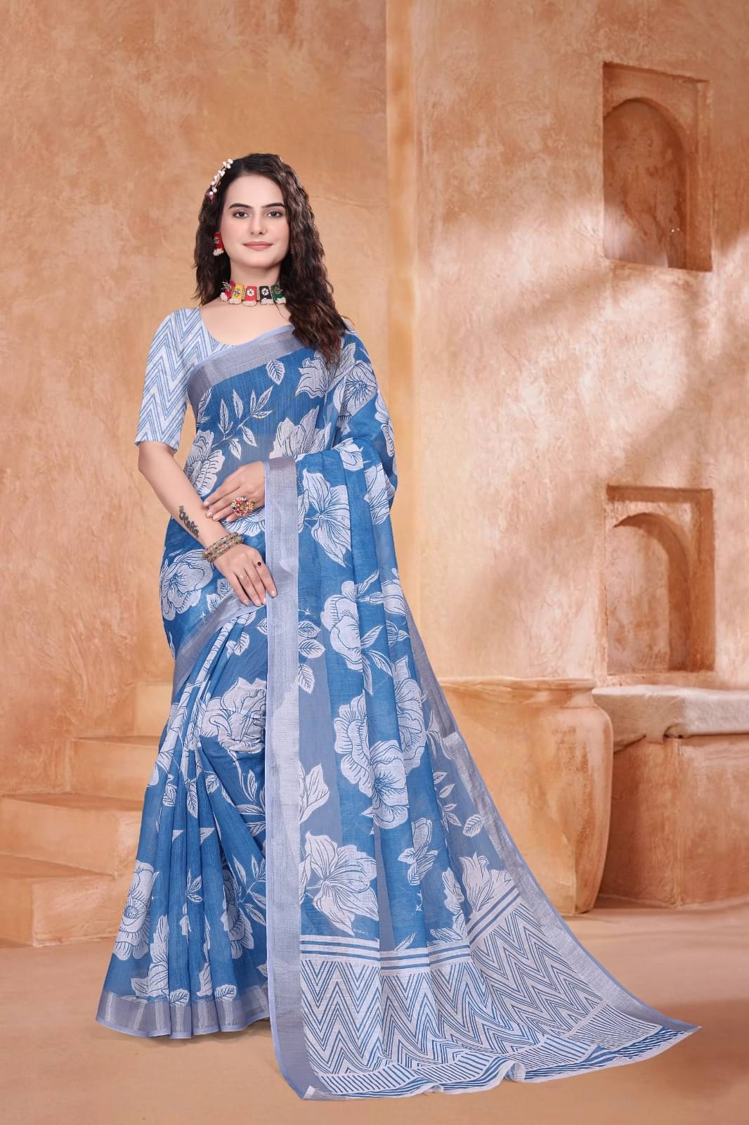 JULEE Linen Printed Saree With Unstitched Blouse Piece ( Blue ) JULEE Linen Printed Saree With Unstitched Blouse Piece ( Blue )
