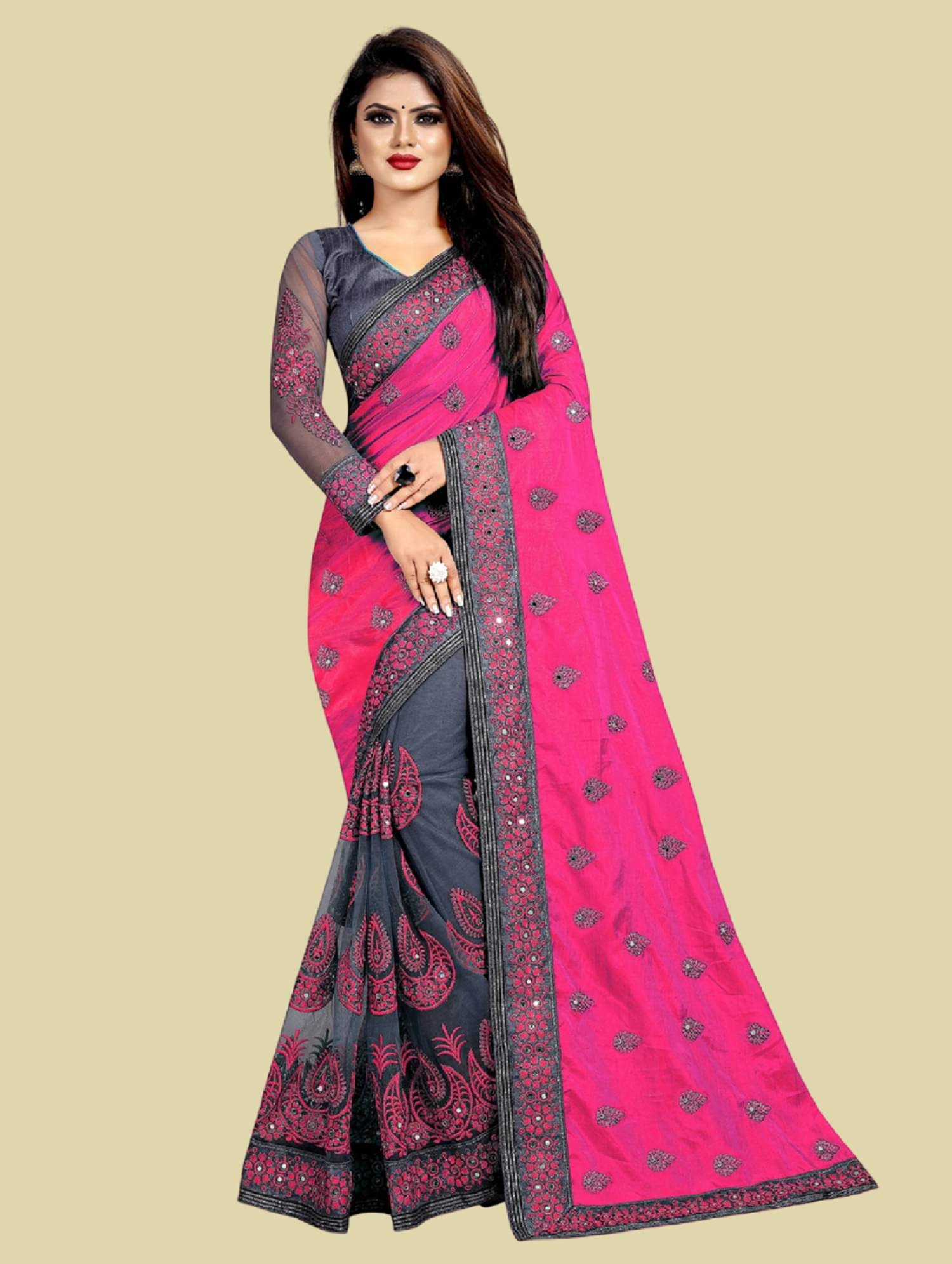 JULEE Silk Embroidered Saree With Unstitched Blouse Piece ( Pink ) JULEE Silk Embroidered Saree With Unstitched Blouse Piece ( Pink )