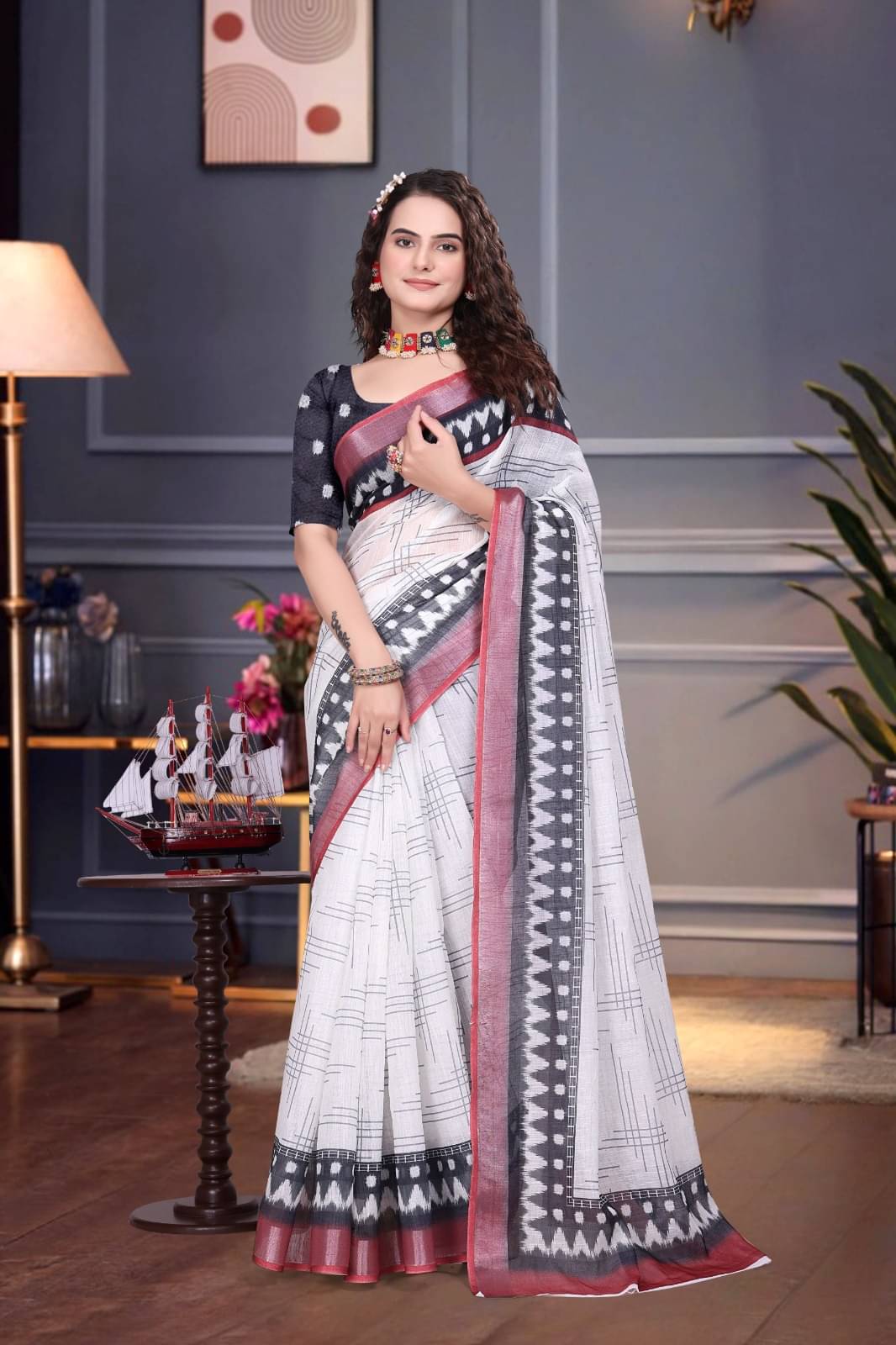 KV Fashion Linen Printed Saree With Unstitched Blouse Piece ( Multicolor )     			KV Fashion Linen Printed Saree With Unstitched Blouse Piece ( Multicolor )