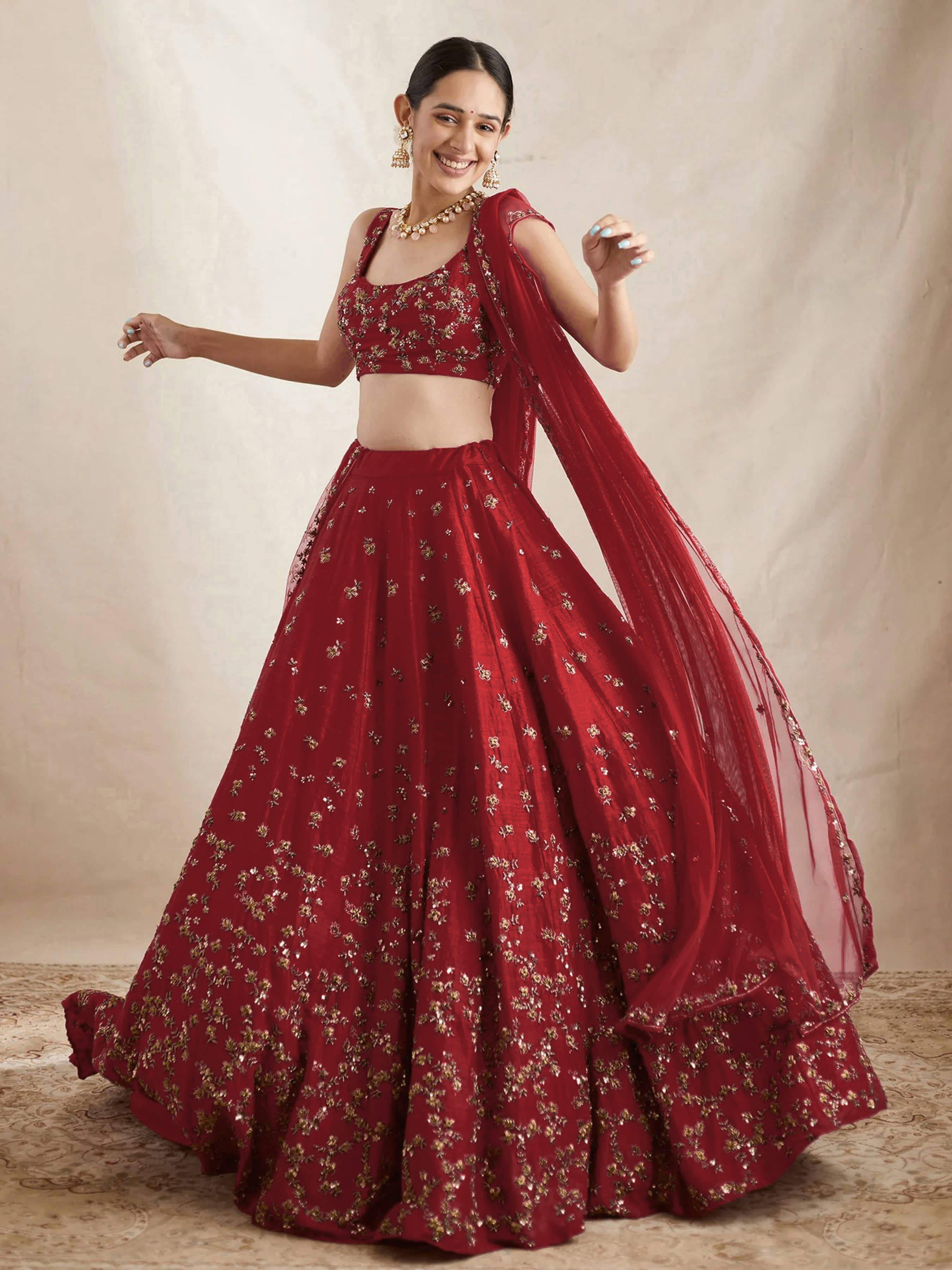 KV Fashion Red Silk Chaniya Choli Semi Stitched Lehenga Single