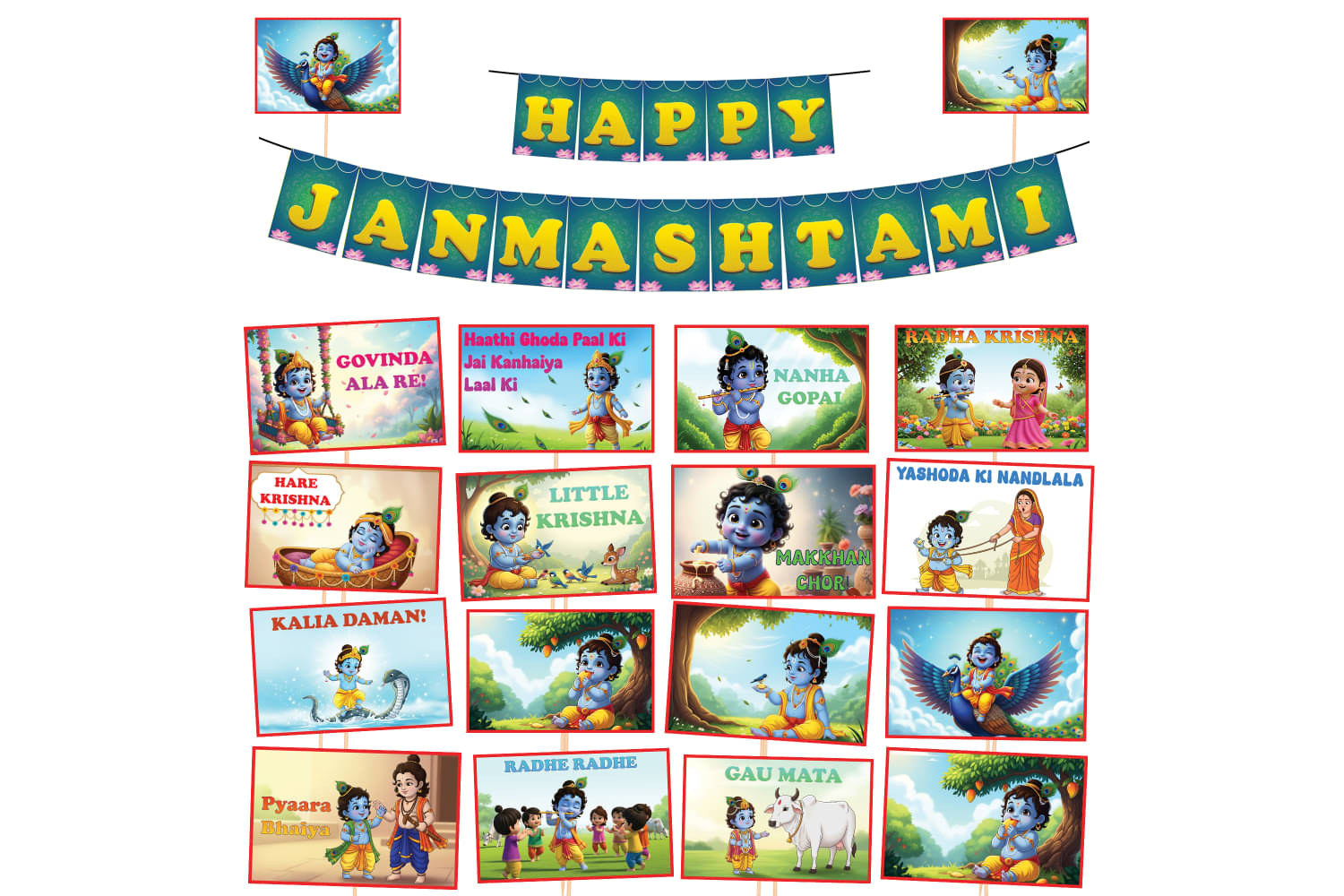     			1iAM Happy Janmashtami Decoration Items For Home - Pack of 19 | 1pc Exclusive Green & Yellow "HAPPY JANMASHTAMI" Printed Paper Banner & 18pcs Photobooth Props | Krishna Janmastmi Decorative Items