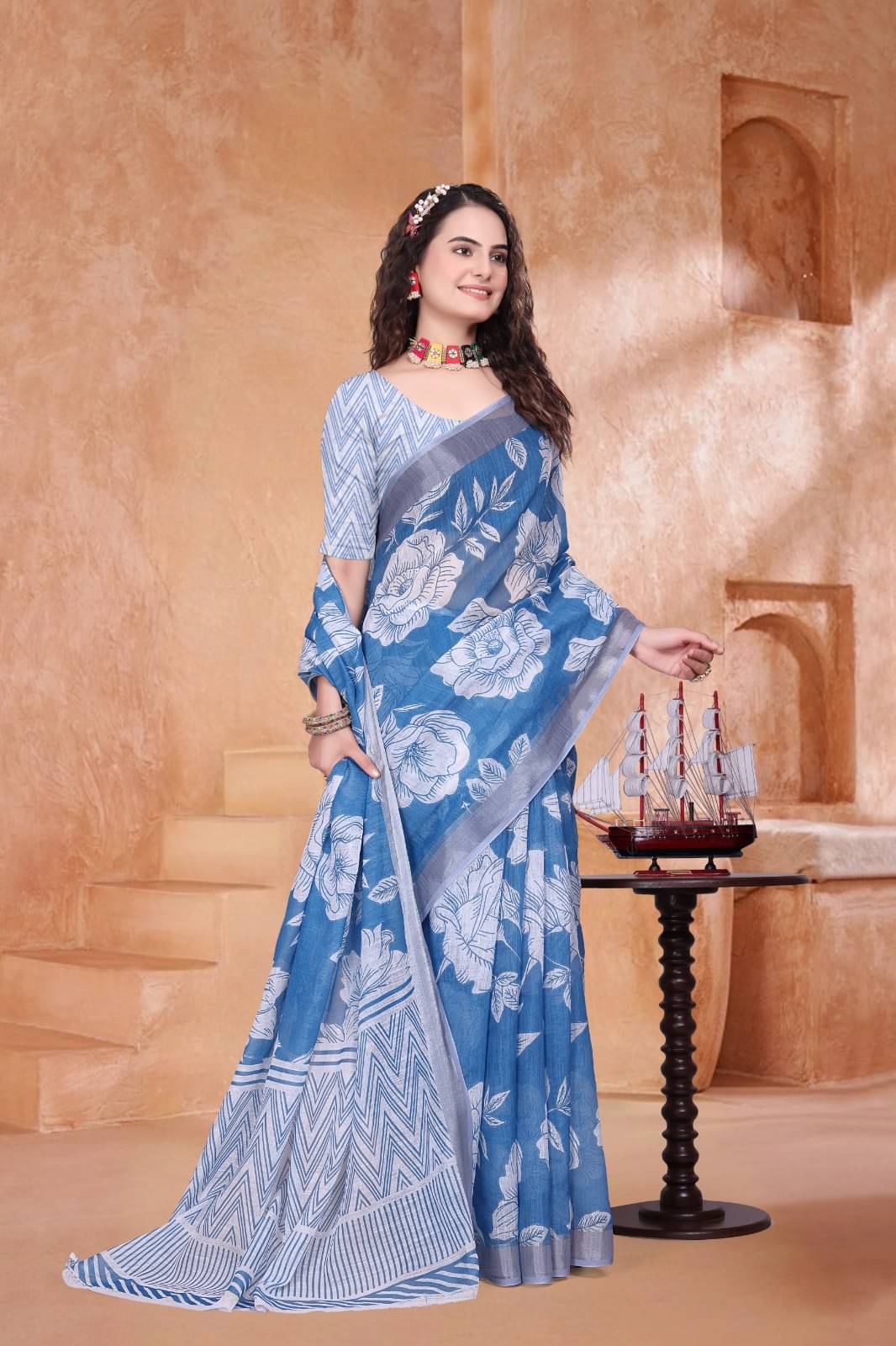 Lady Shopi Linen Printed Saree With Unstitched Blouse Piece ( Blue ) Lady Shopi Linen Printed Saree With Unstitched Blouse Piece ( Blue )