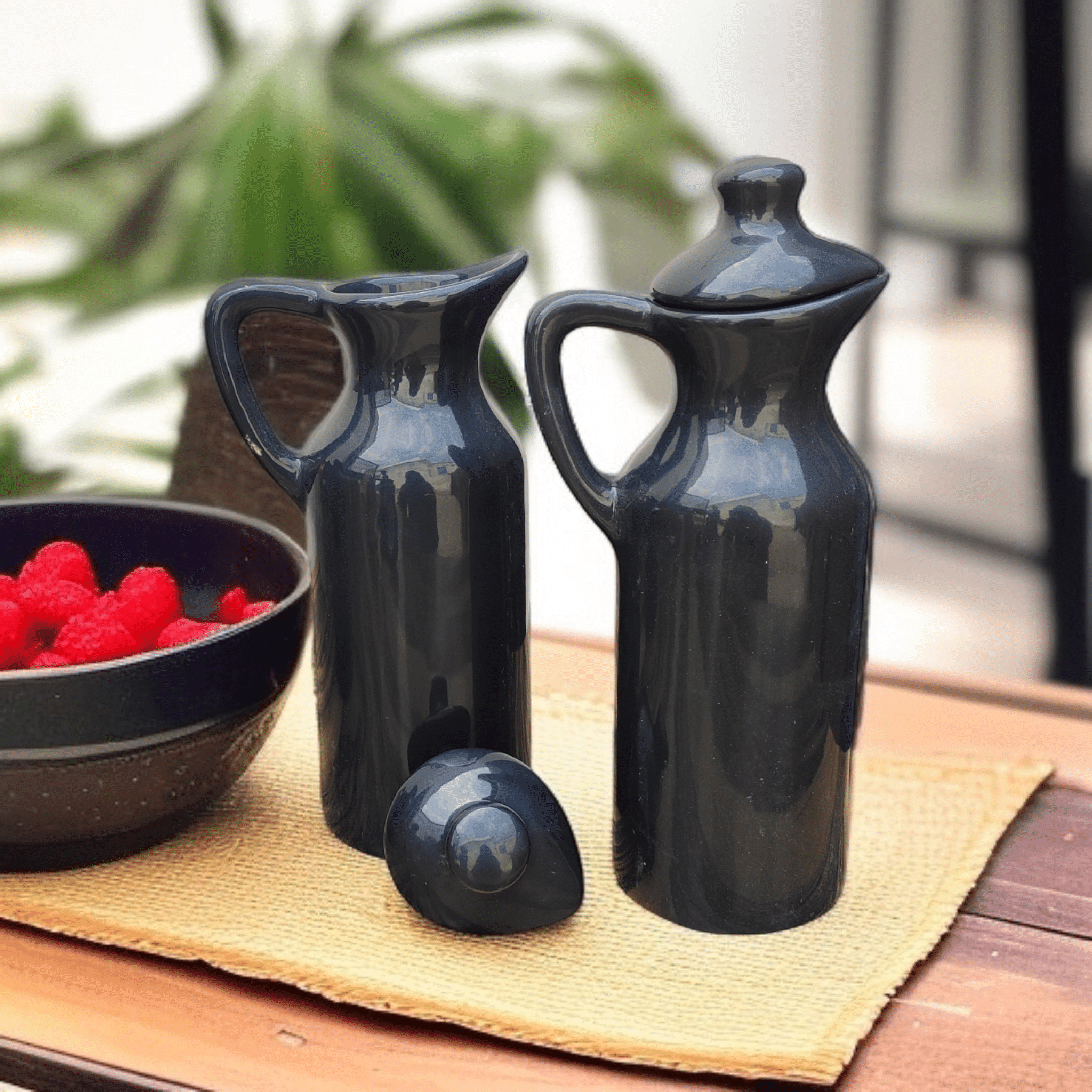     			Malaikah Black Solid Ceramic Black Oil Container ( Set of 2 )