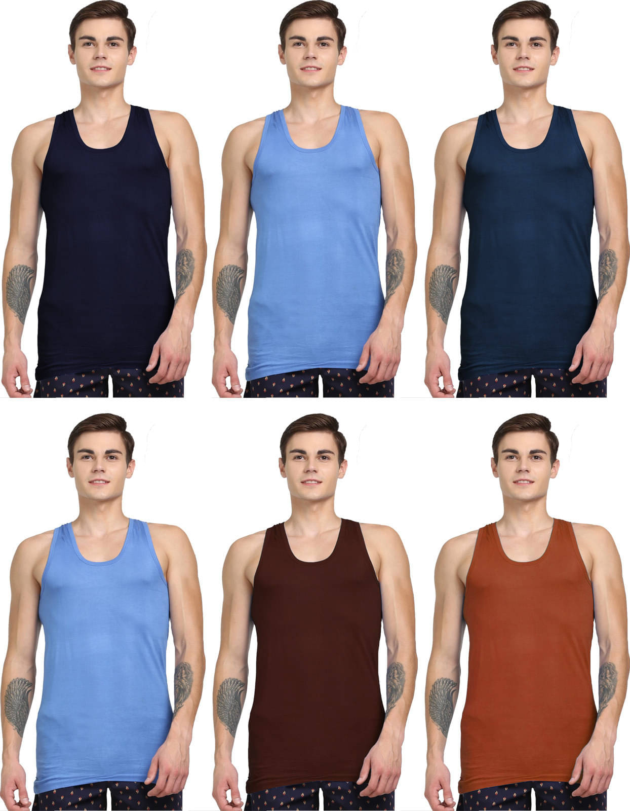 Rupa Jon Pack of 6 Cotton Basic Vest For Men ( Multicolor ) Rupa Jon Pack of 6 Cotton Basic Vest For Men ( Multicolor )