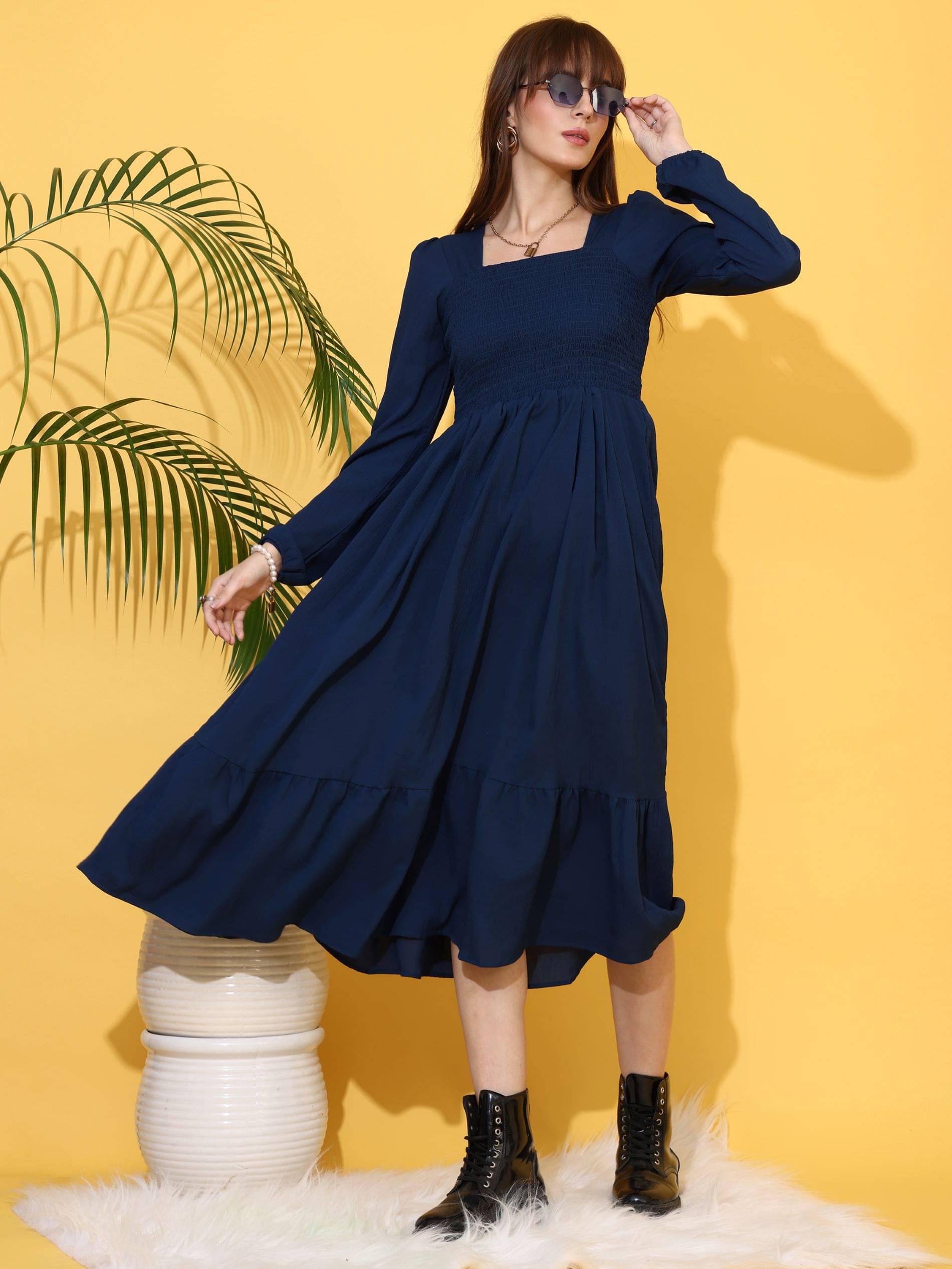     			Sheetal associates Women Crepe Solid Fit & Flare Dress ( Navy Blue )
