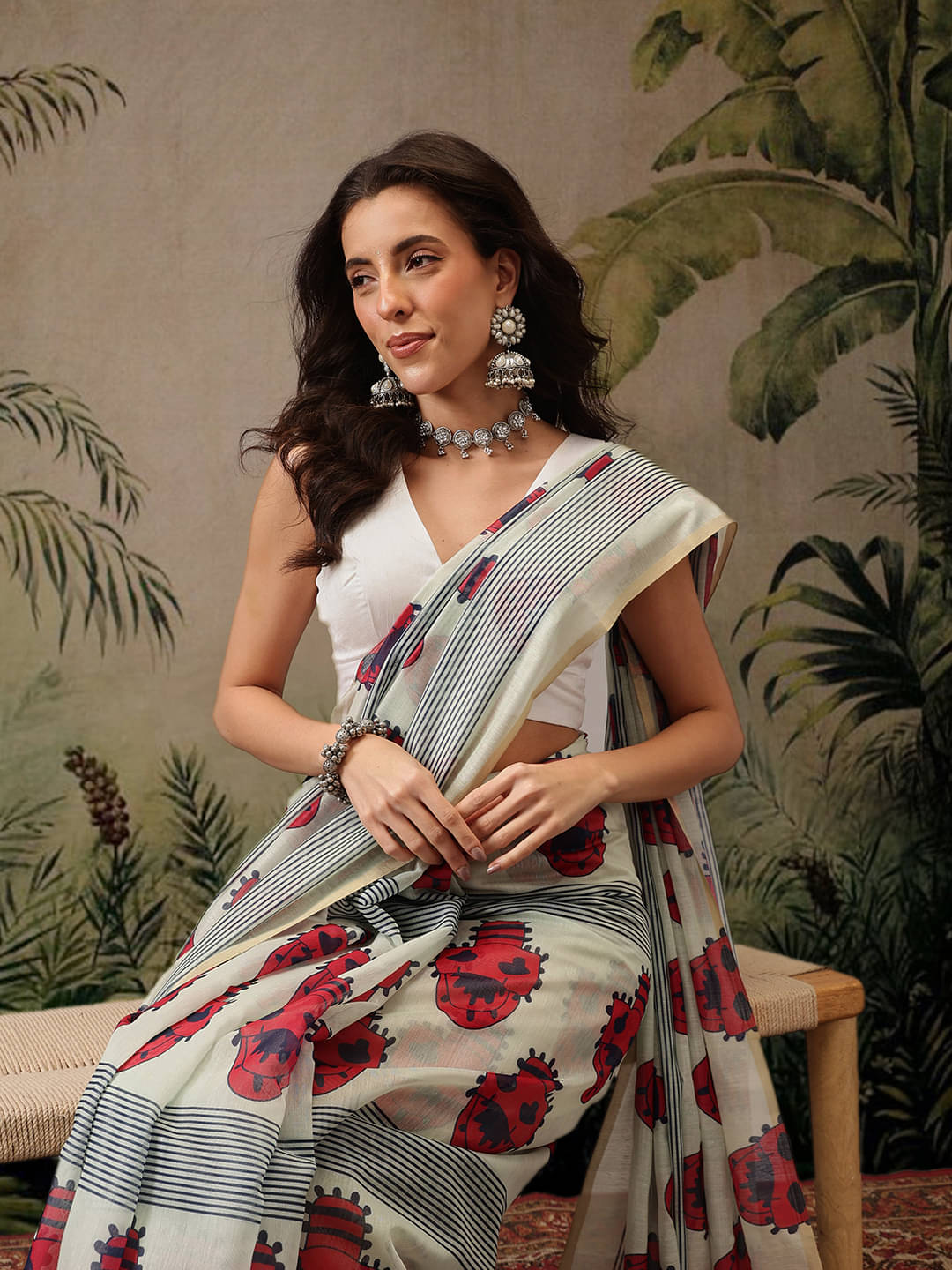     			Silk Zone Cotton Blend Printed Chanderi saree With Unstitched Blouse Piece ( Off White )