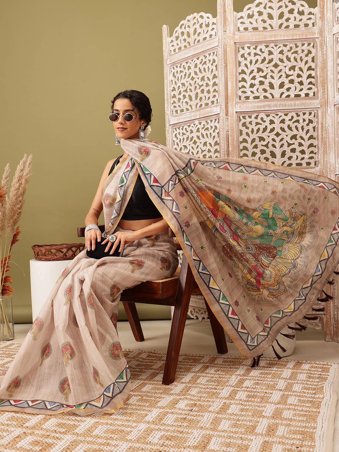     			Silk Zone Cotton Blend Printed Chanderi saree With Unstitched Blouse Piece ( Beige1 )