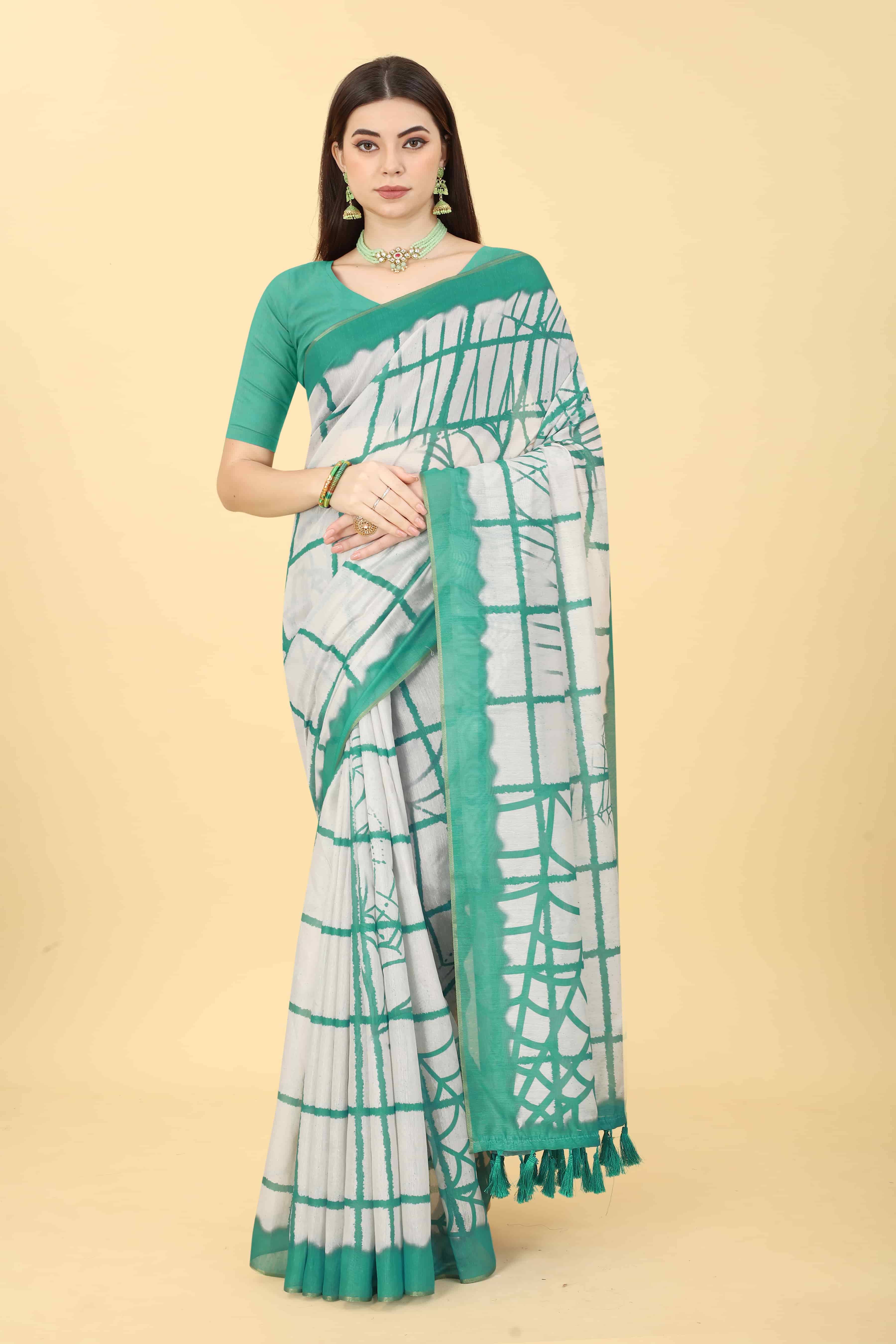     			Silk Zone Cotton Blend Printed Chanderi saree With Unstitched Blouse Piece ( Green )