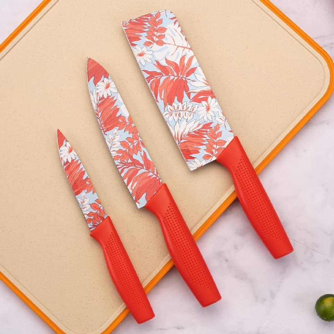 VBE Knife Set for Kitchen ^ Professional 3 Pieces High Carbon Stainless Steel Colour Printed Coated Chef Knife I Utility Knife I Sontuku Knife I Kitchen Knives with Ergonomic Handle (Red) VBE Knife Set for Kitchen ^ Professional 3 Pieces High Carbon Stainless Steel Colour Printed Coated Chef Knife I Utility Knife I Sontuku Knife I Kitchen Knives with Ergonomic Handle (Red)