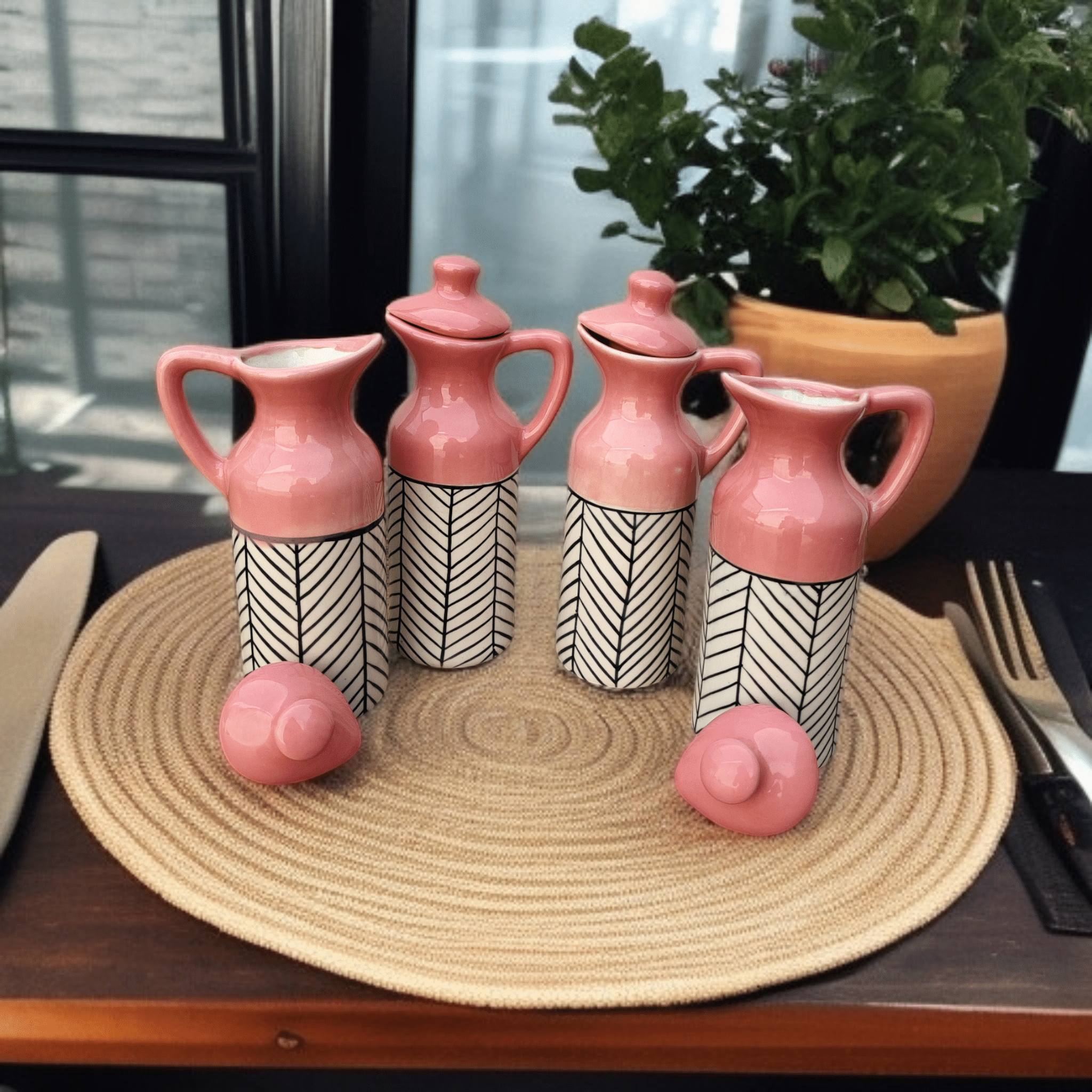 Malaikah Pink Zebra Printed Ceramic Pink Oil Container ( Set of 4 ) Malaikah Pink Zebra Printed Ceramic Pink Oil Container ( Set of 4 )