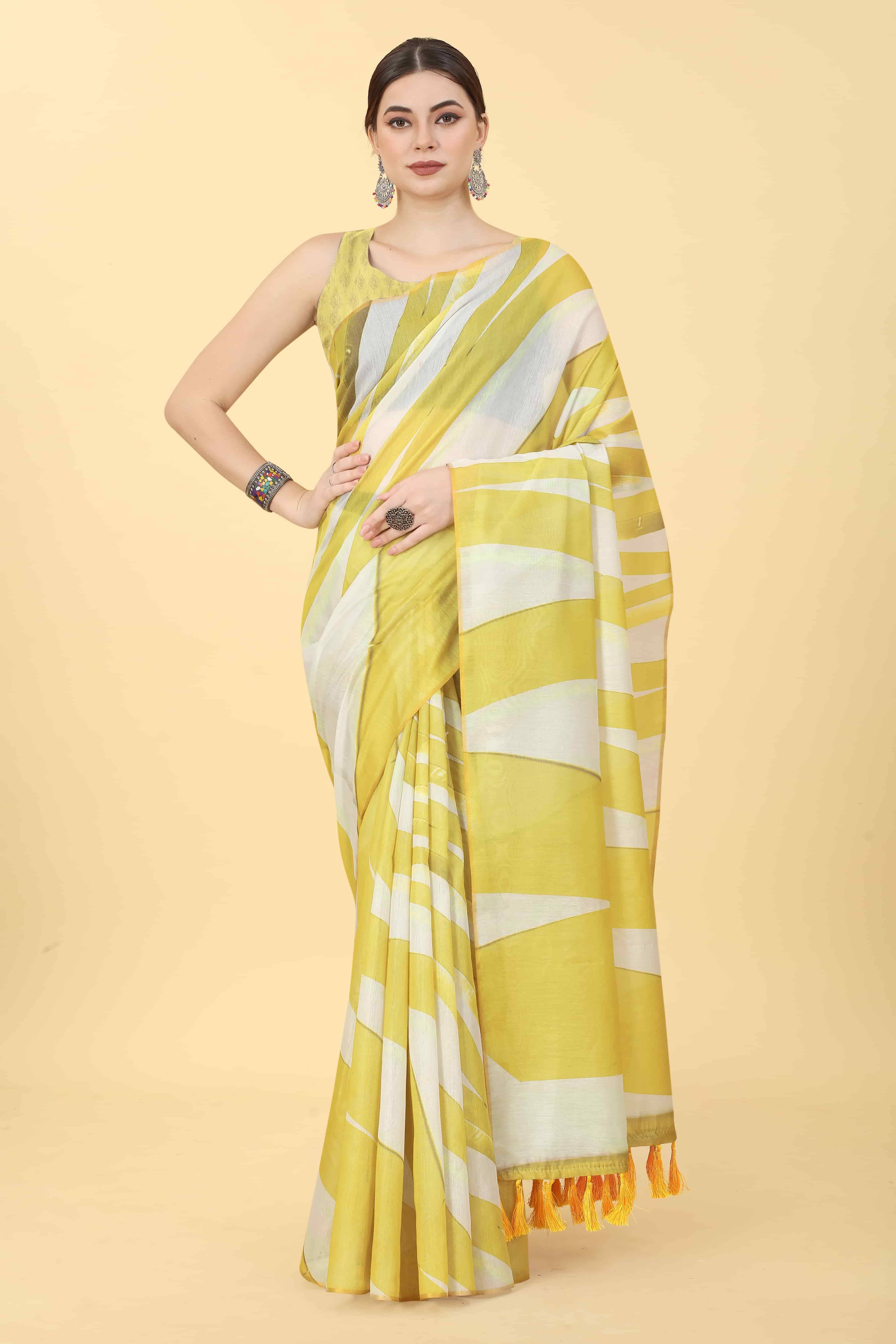 Silk Zone Cotton Blend Printed Chanderi saree With Unstitched Blouse Piece ( Yellow ) Silk Zone Cotton Blend Printed Chanderi saree With Unstitched Blouse Piece ( Yellow )