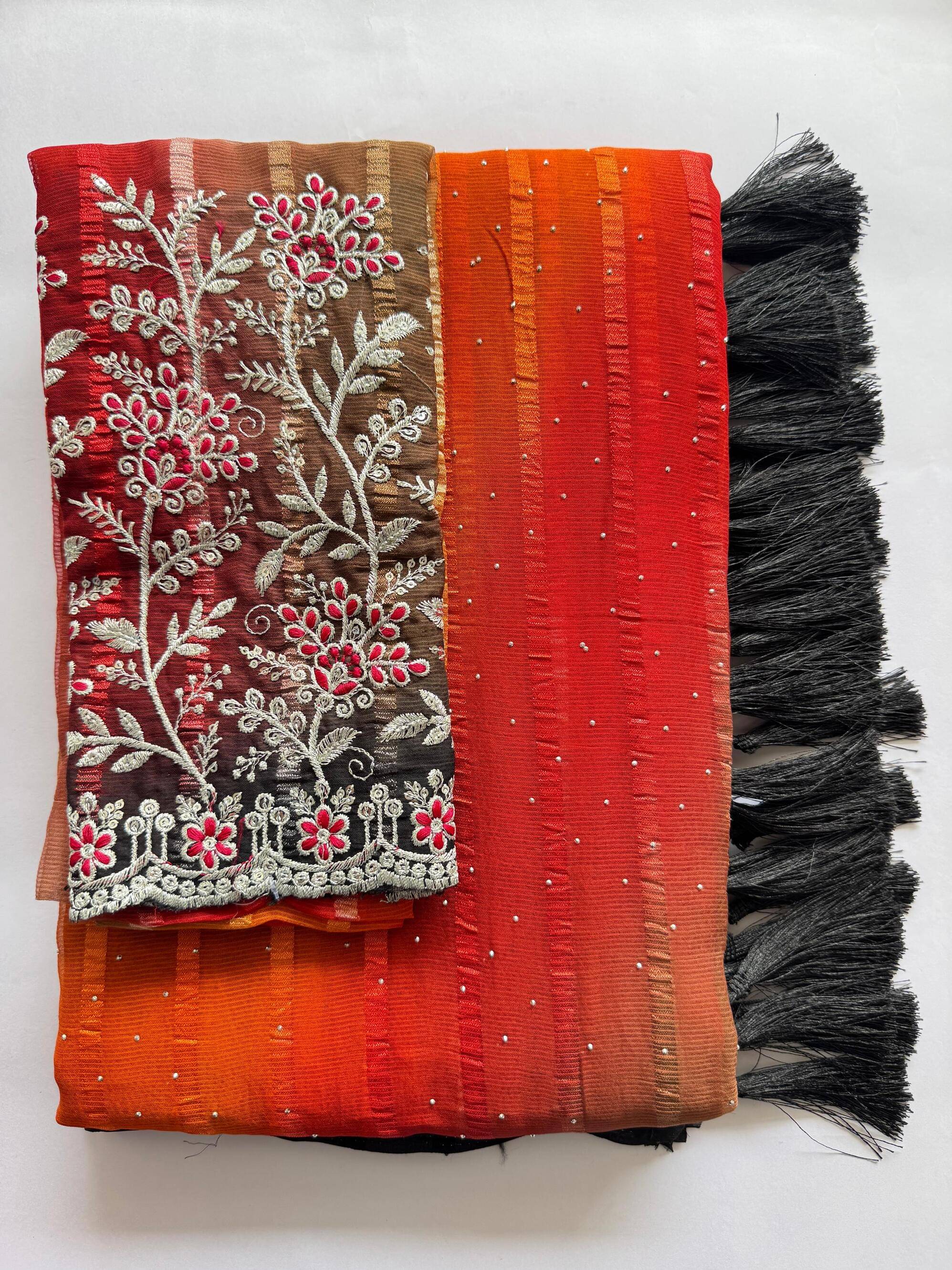     			AB Silk Georgette Solid Leheriya Saree With Unstitched Blouse Piece ( Orange,Black )