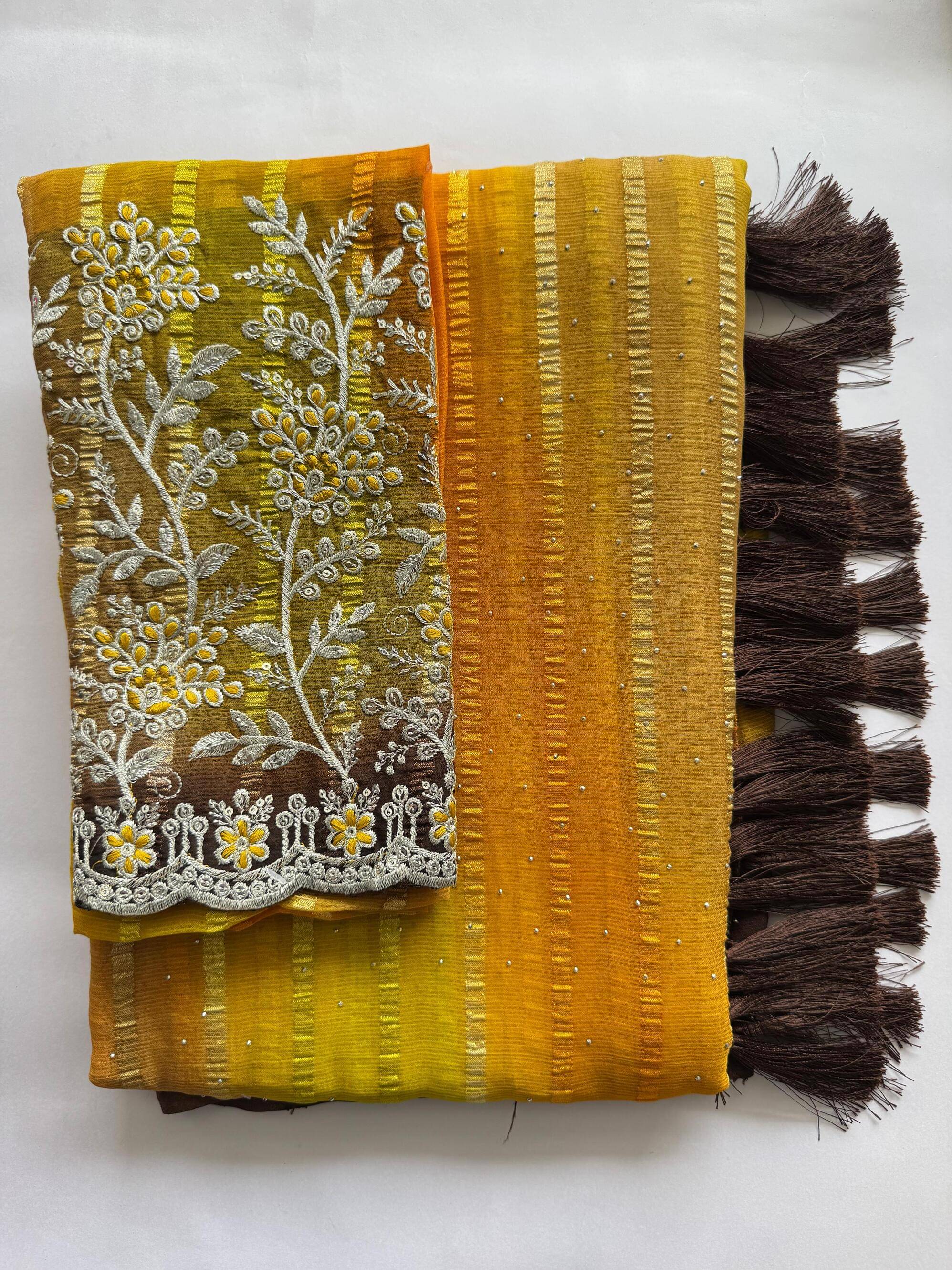     			AB Silk Georgette Solid Leheriya Saree With Unstitched Blouse Piece ( Yellow,Brown )