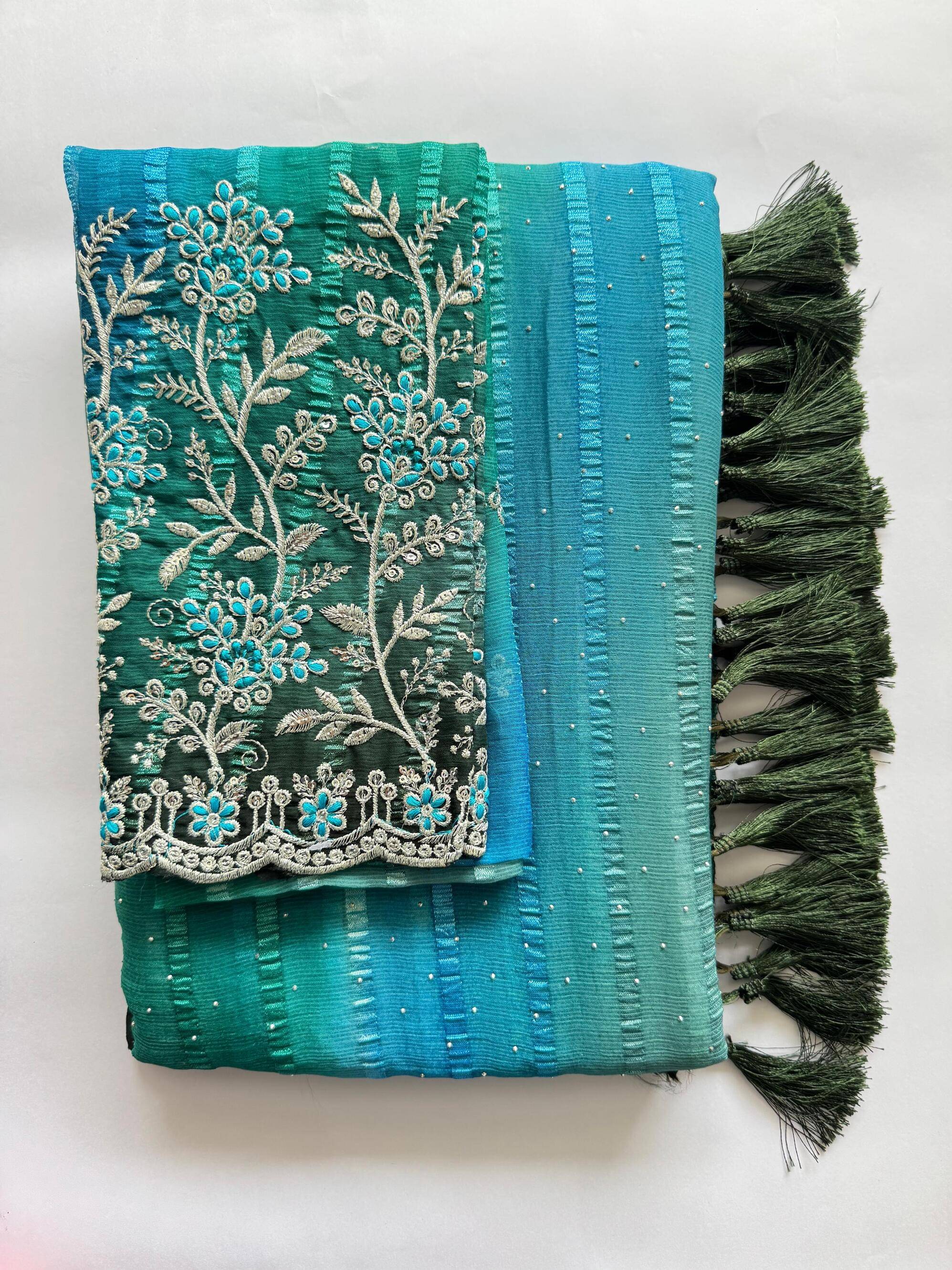 AB Silk Georgette Solid Leheriya Saree With Unstitched Blouse Piece ( Teal,Green ) AB Silk Georgette Solid Leheriya Saree With Unstitched Blouse Piece ( Teal,Green )