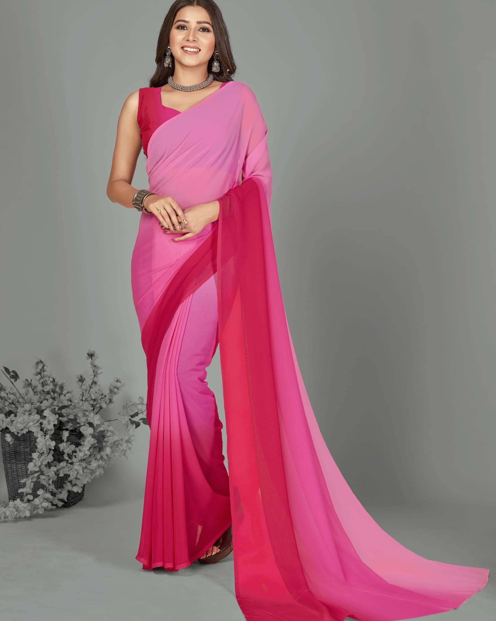 ANAND SAREES Georgette Colorblock Saree With Unstitched Blouse Piece ( Pink ) ANAND SAREES Georgette Colorblock Saree With Unstitched Blouse Piece ( Pink )