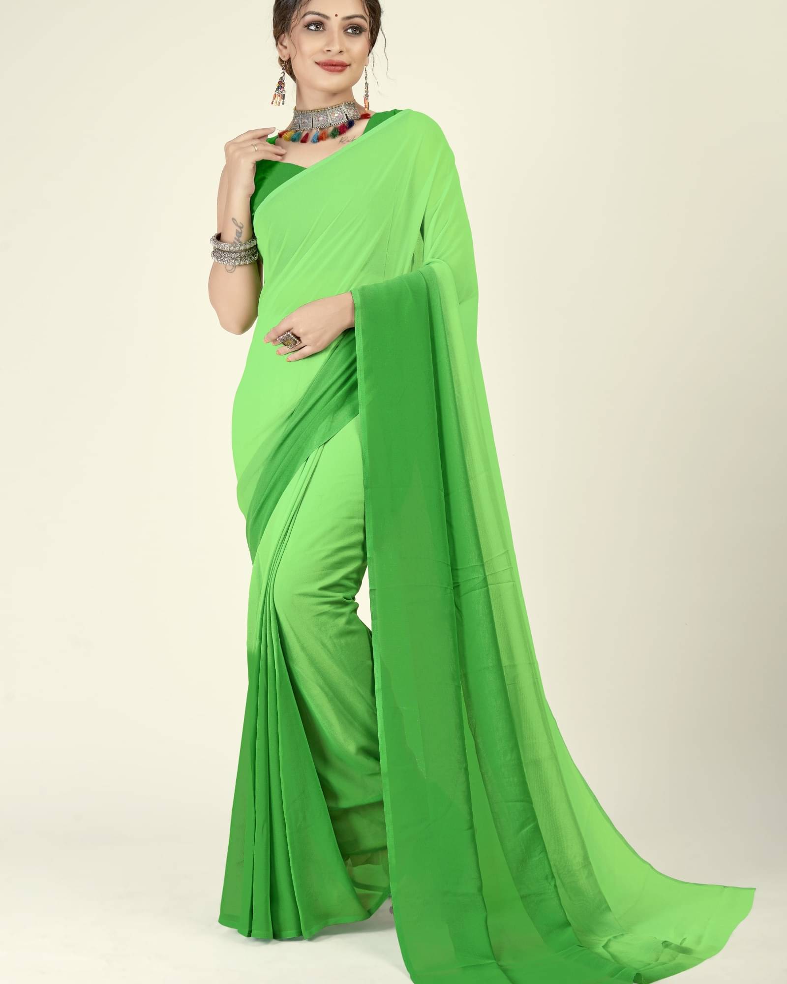 ANAND SAREES Georgette Dyed Saree With Unstitched Blouse Piece ( Green ) ANAND SAREES Georgette Dyed Saree With Unstitched Blouse Piece ( Green )