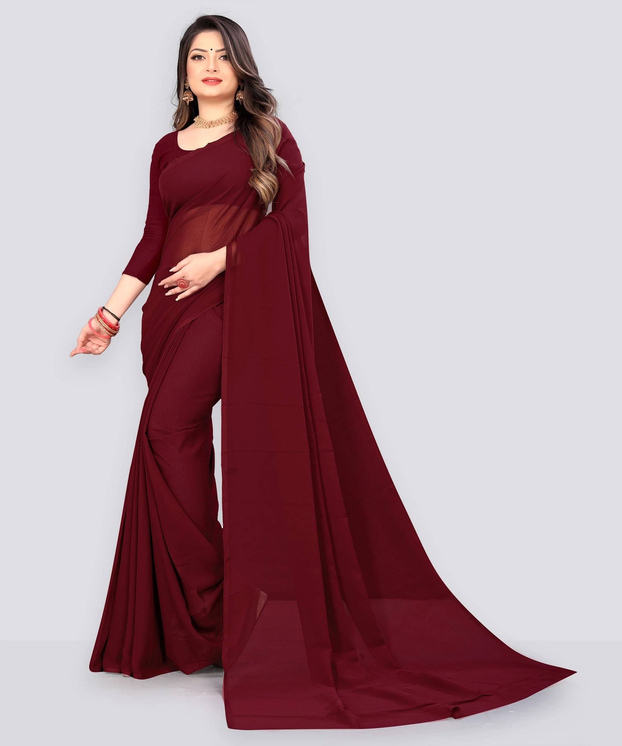 ANAND SAREES Georgette Dyed Saree With Unstitched Blouse Piece ( Brown ) ANAND SAREES Georgette Dyed Saree With Unstitched Blouse Piece ( Brown )
