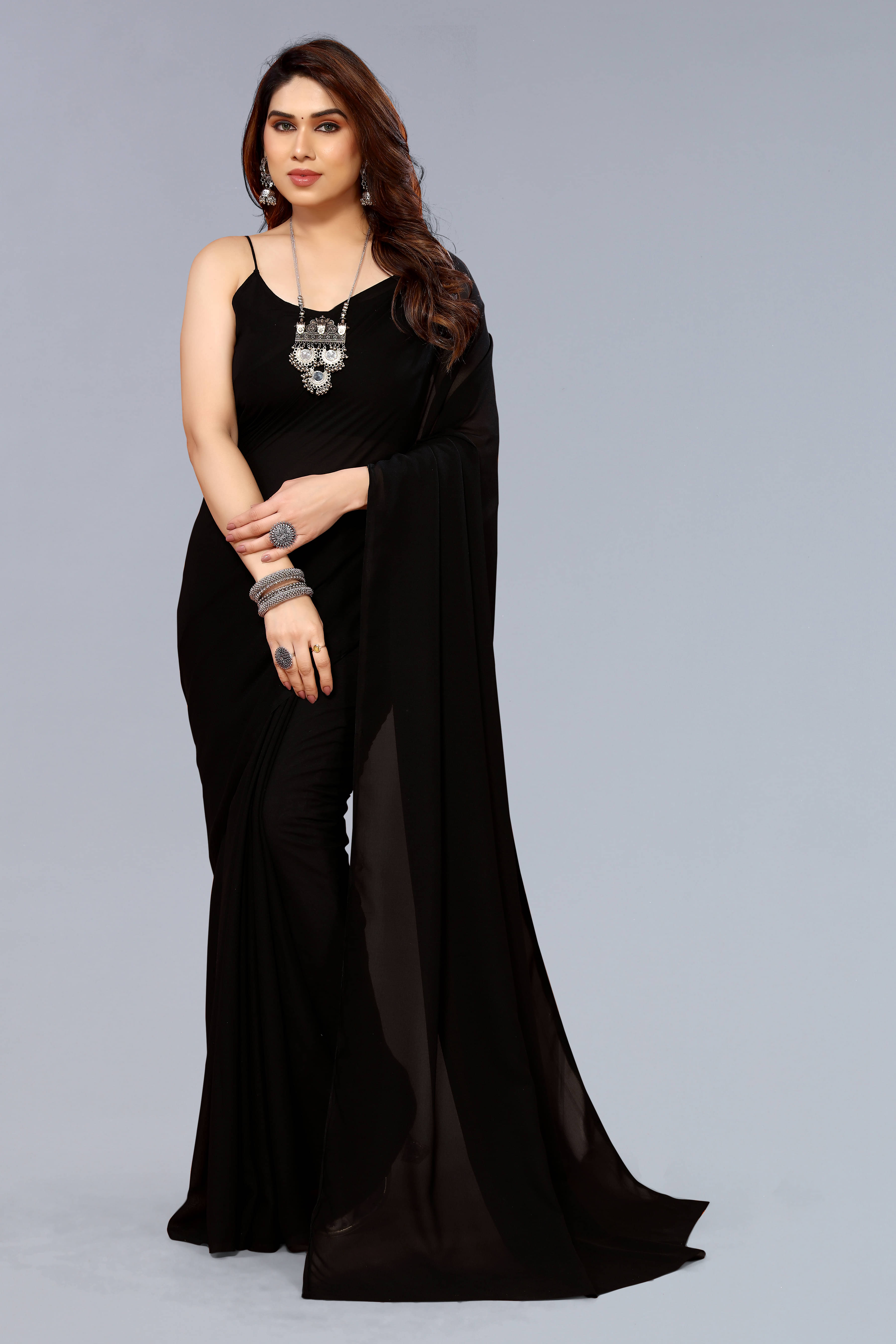 ANAND SAREES Georgette Dyed Kasavu Saree With Unstitched Blouse Piece ( Black ) ANAND SAREES Georgette Dyed Kasavu Saree With Unstitched Blouse Piece ( Black )