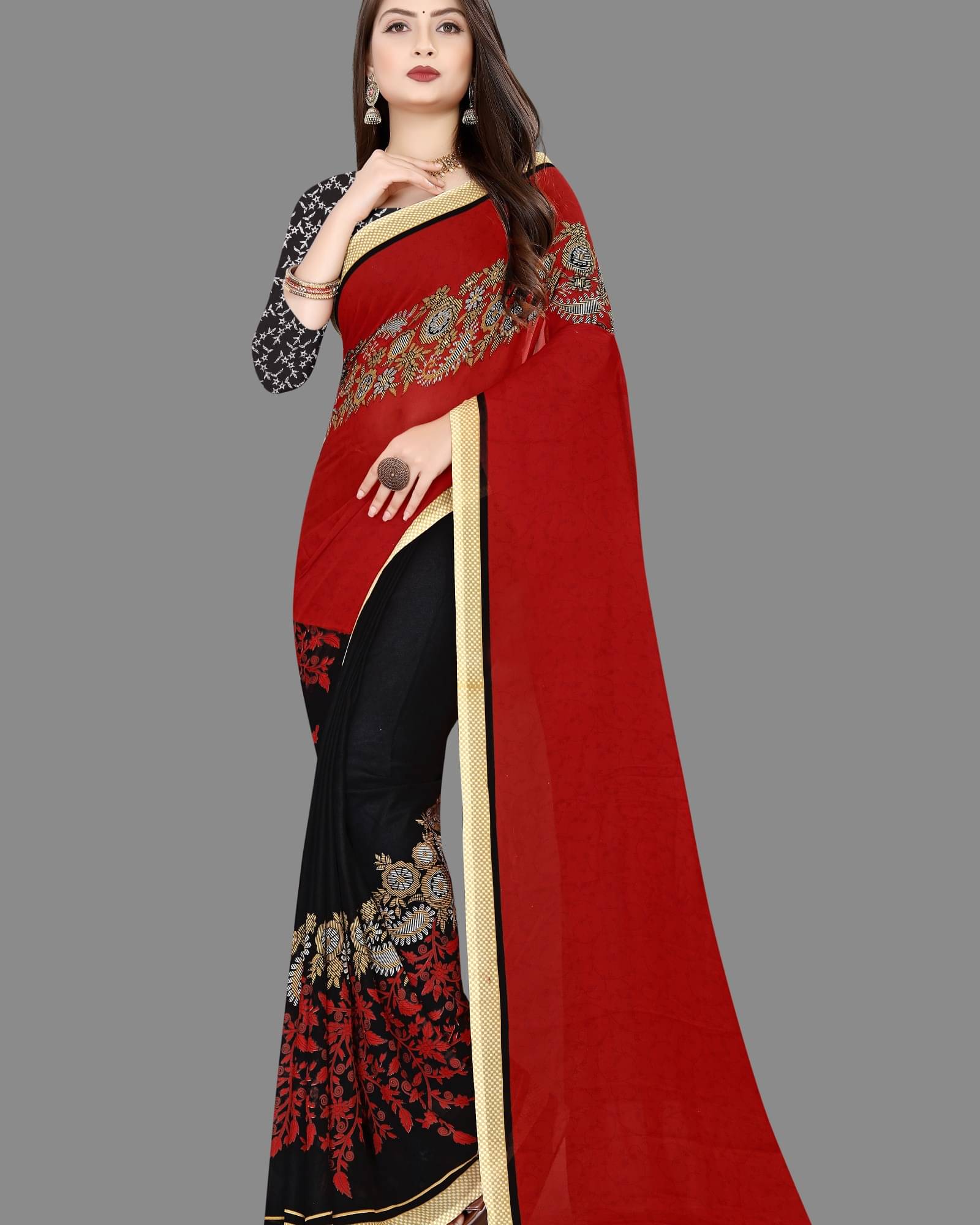 ANAND SAREES Georgette Embellished Saree With Unstitched Blouse Piece ( Red ) ANAND SAREES Georgette Embellished Saree With Unstitched Blouse Piece ( Red )