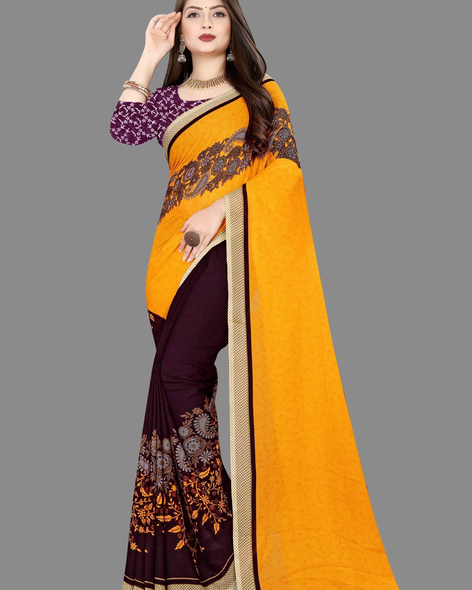     			ANAND SAREES Georgette Embellished Saree With Unstitched Blouse Piece ( Yellow )