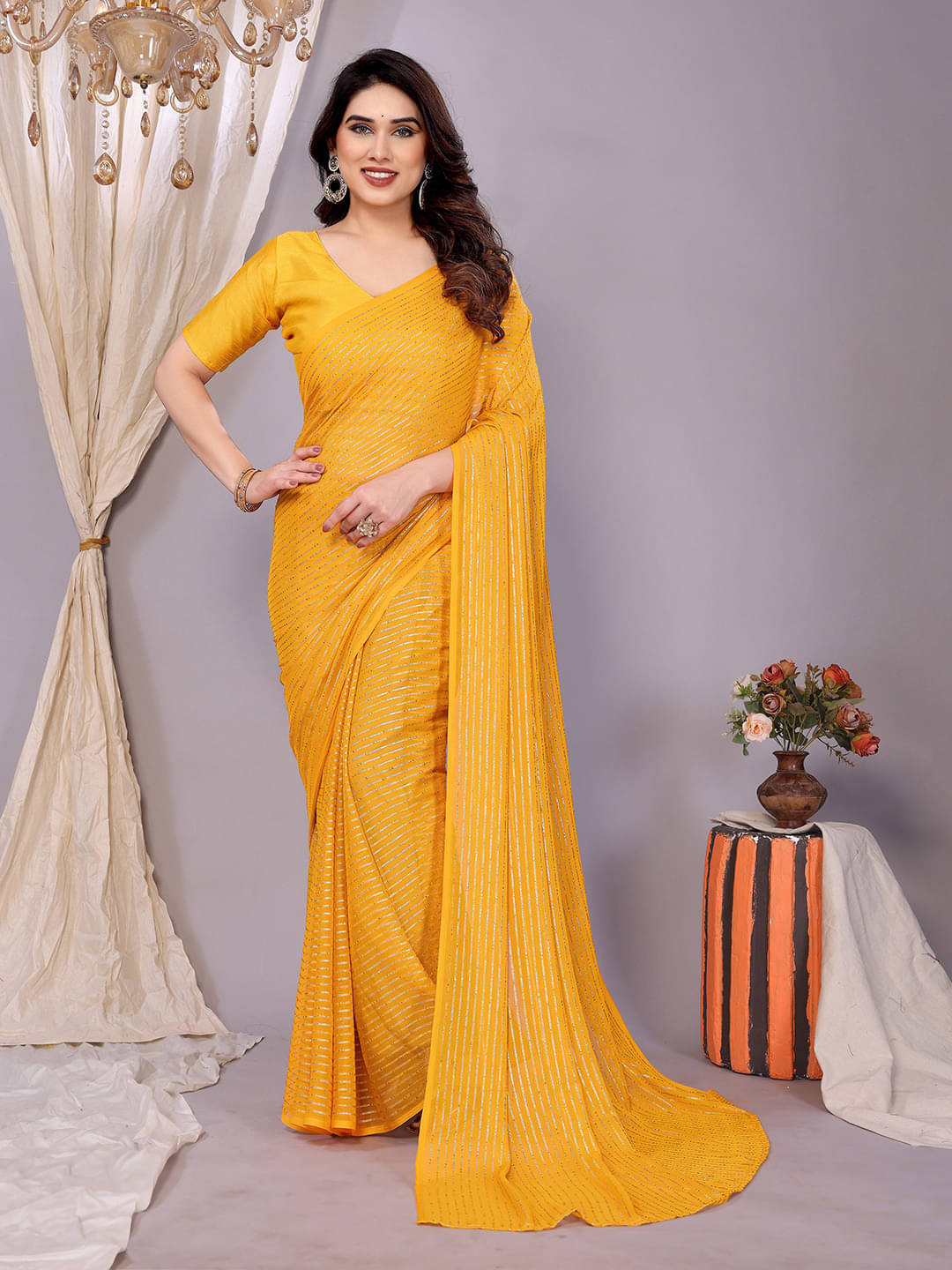     			ANAND SAREES Georgette Embellished Saree With Unstitched Blouse Piece ( Yellow )