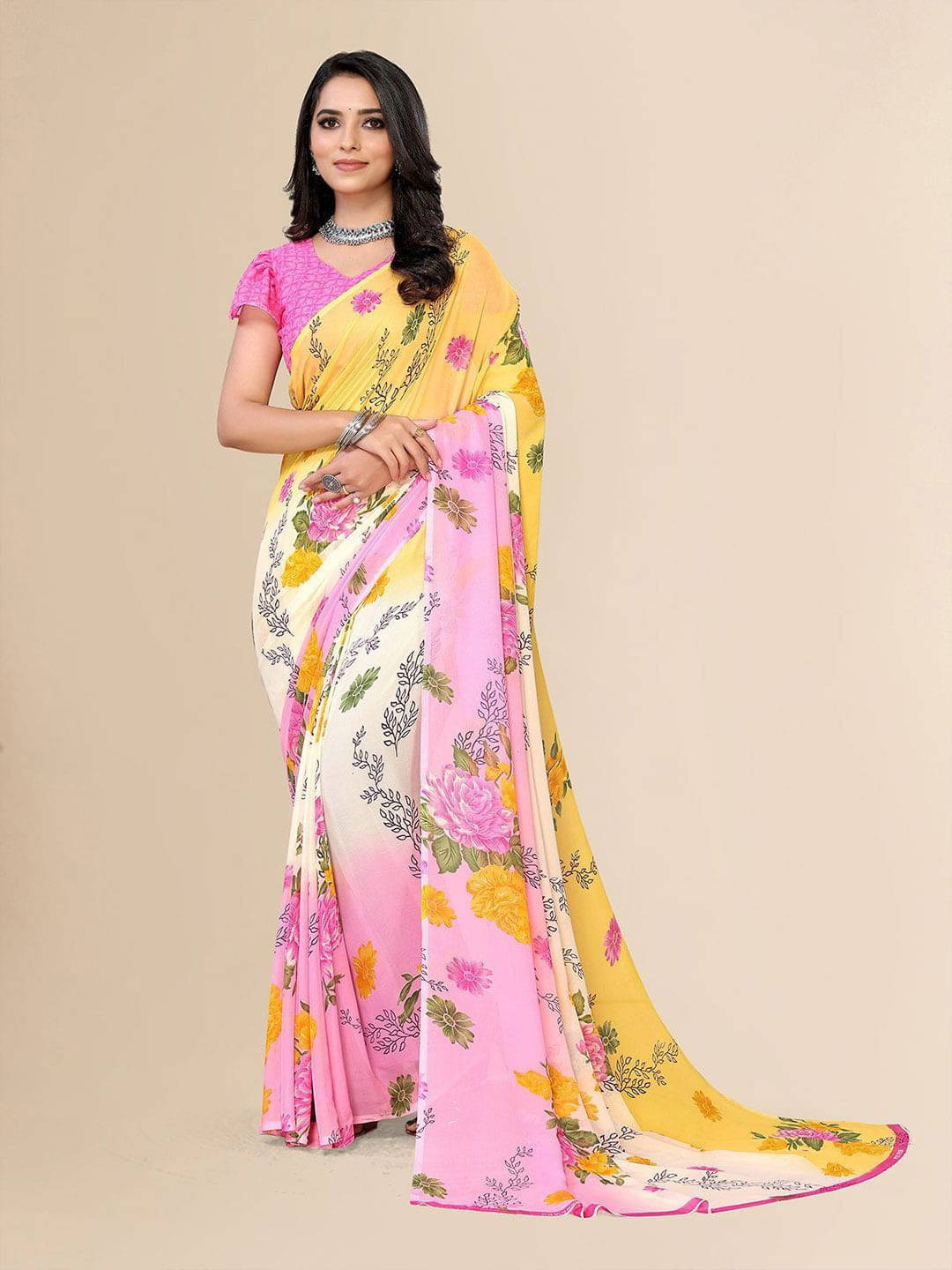 ANAND SAREES Georgette Printed Saree With Unstitched Blouse Piece ( Pink ) ANAND SAREES Georgette Printed Saree With Unstitched Blouse Piece ( Pink )