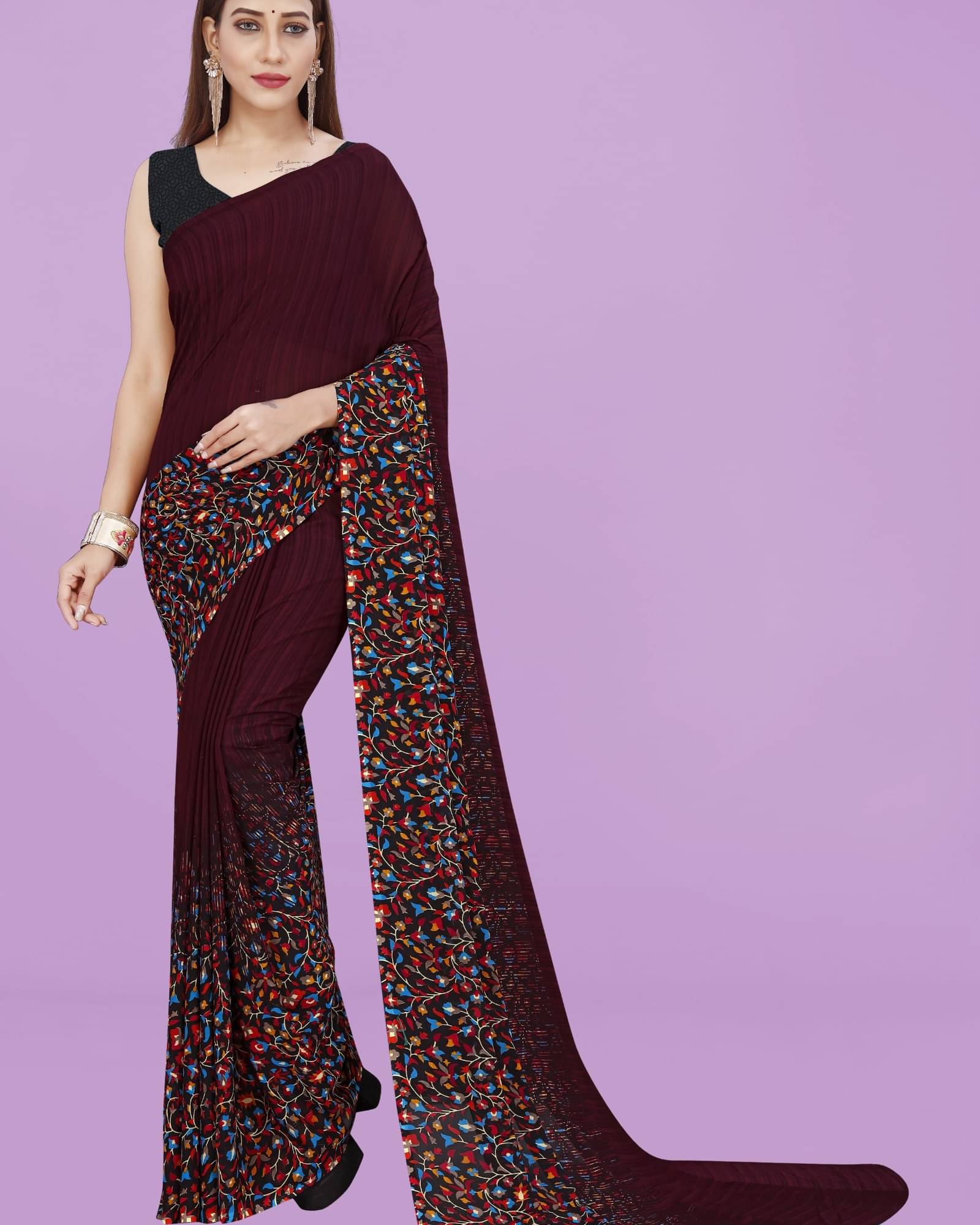 ANAND SAREES Georgette Printed Saree With Unstitched Blouse Piece ( Brown ) ANAND SAREES Georgette Printed Saree With Unstitched Blouse Piece ( Brown )