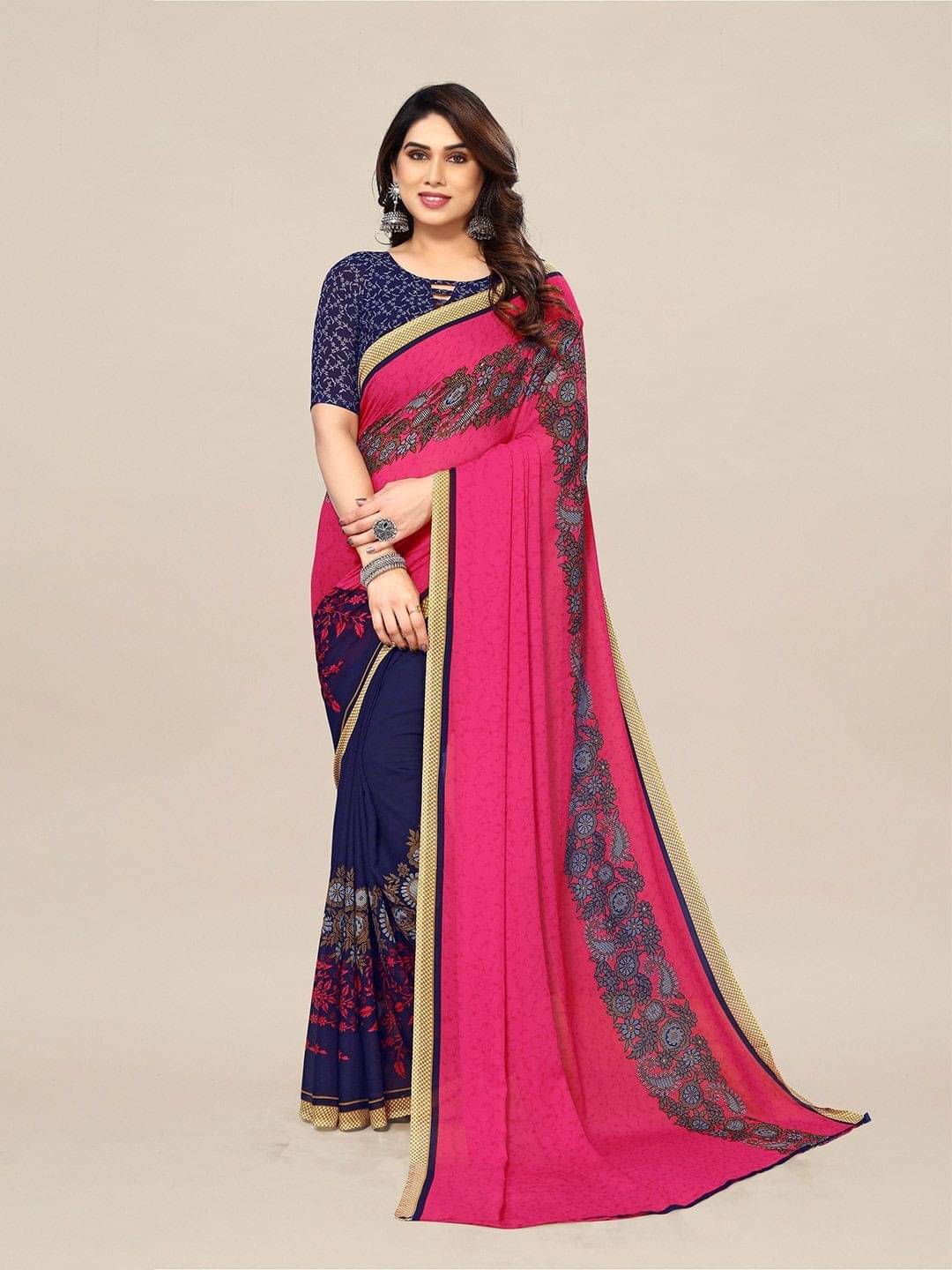 ANAND SAREES Georgette Printed Saree With Unstitched Blouse Piece ( Magenta ) ANAND SAREES Georgette Printed Saree With Unstitched Blouse Piece ( Magenta )