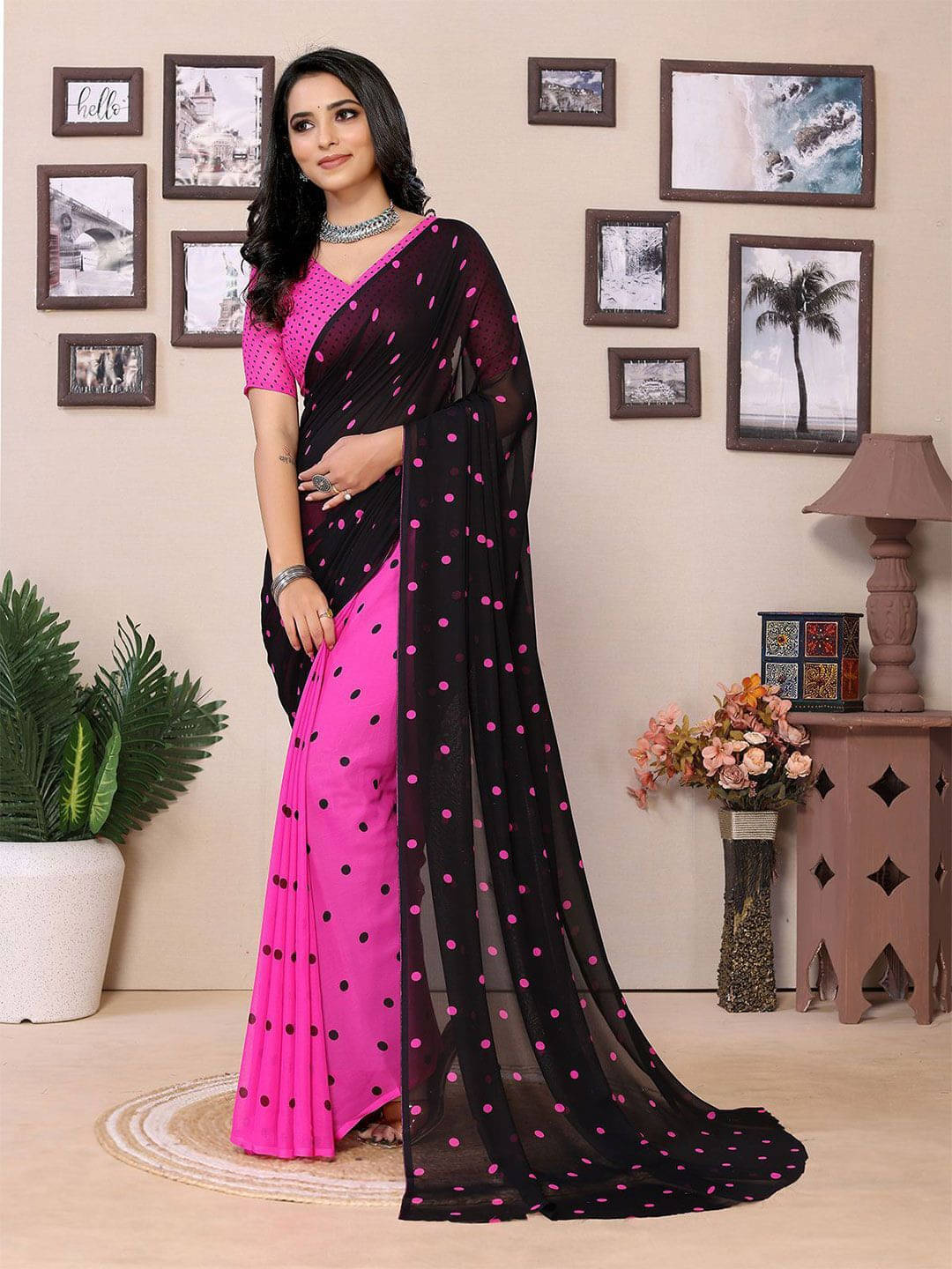 ANAND SAREES Georgette Printed Saree With Unstitched Blouse Piece ( Pink ) ANAND SAREES Georgette Printed Saree With Unstitched Blouse Piece ( Pink )