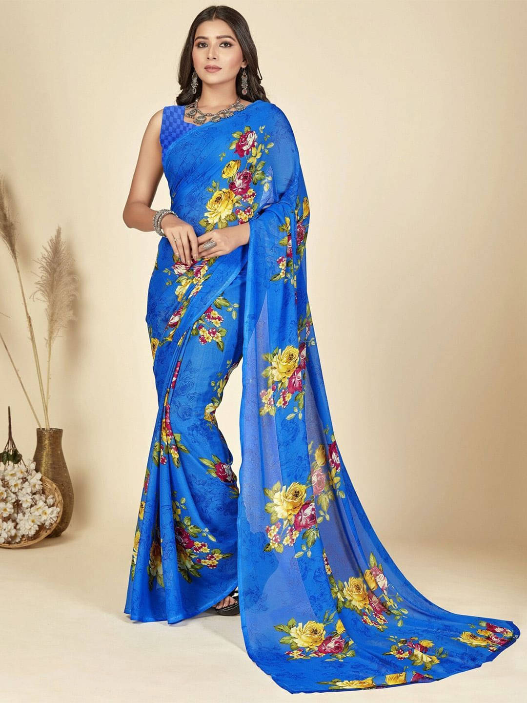 ANAND SAREES Georgette Printed Saree With Unstitched Blouse Piece ( Blue ) ANAND SAREES Georgette Printed Saree With Unstitched Blouse Piece ( Blue )